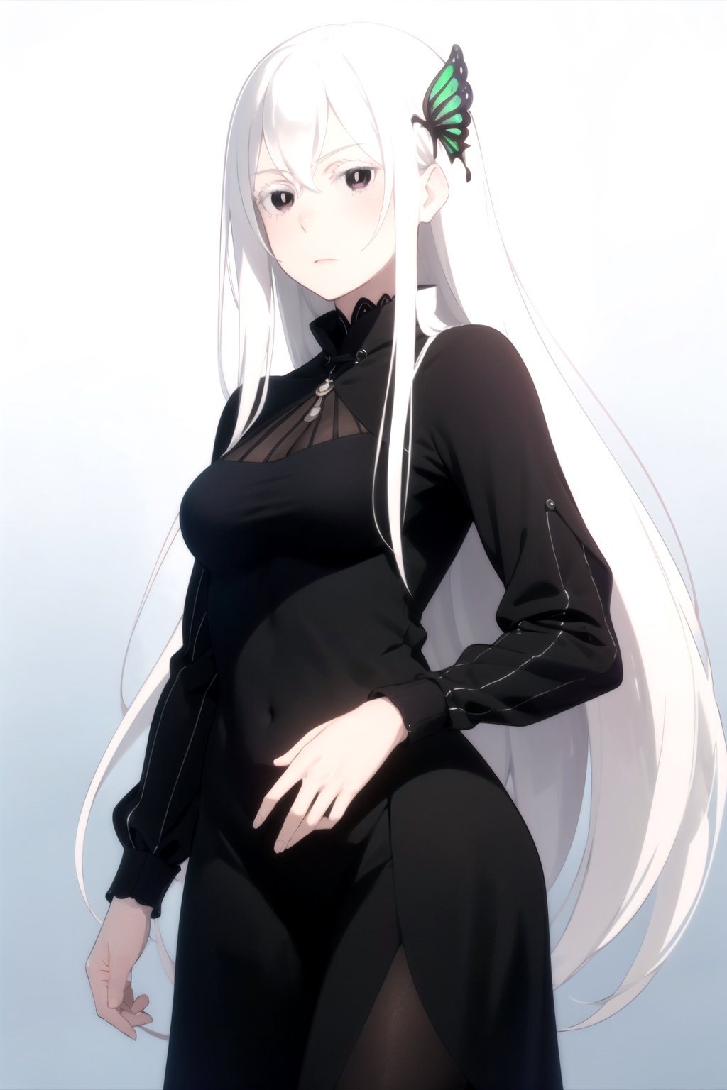 //Quality,
masterpiece, best quality
,//Character,
1girl, solo
,//Fashion,
,//Background,
white_background, simple_background, blank_background
,//Others,
,echidna, black dress, cowboy_shot