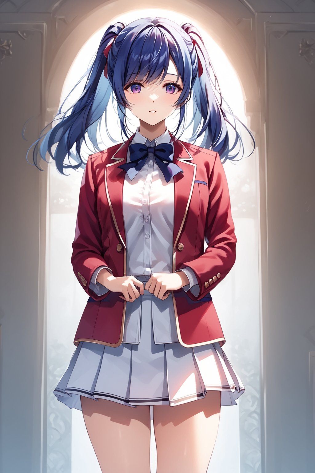 masterpiece, best quality, 8k, 8k UHD, ultra-high resolution, ultra-high definition, highres, cinematic lighting
,//Character, 
1girl, solo, mei-yu wang, 1girl, twintails, bangs, long hair, purple eyes, blue hair
,//Fashion, 
white shirt, red jacket, bowtie, pleated_skirt
,//Background, 
,//Others, ,Expressiveh