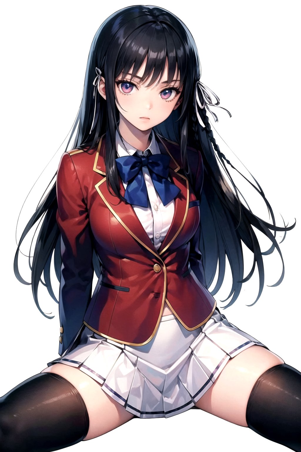 //Quality,
masterpiece, best quality
,//Character,
1girl, solo
,//Fashion, 
,//Background,
white_background
,//Others,
,spread legs, 
,aasuzune, long hair, black hair, single braid, hair ribbon, red jacket, blazer, blue bowtie, long sleeves, white skirt, black thighhighs