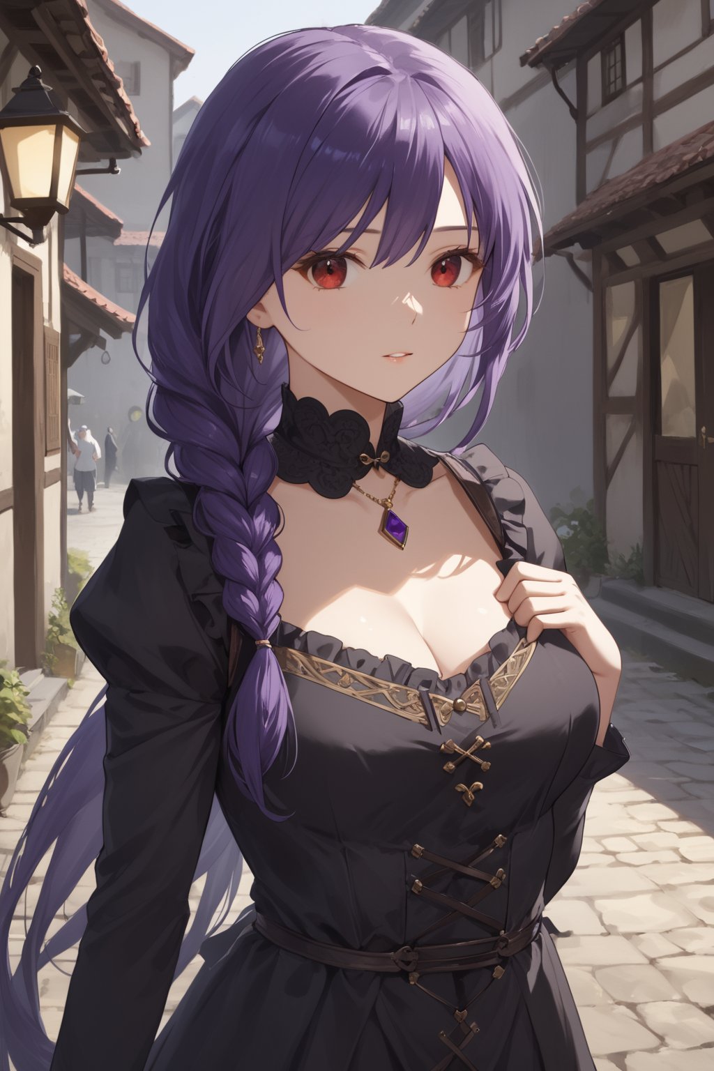 score_9,score_8_up,score_7_up,score_6_up, masterpiece, best quality, highres
,//Character, 
1girl, solo, long hair, purple hair, single braid, red eyes
,//Fashion, 

,//Background, 
,//Others, ,Expressiveh, 
A young woman in a medieval village, looking worried, surrounded by concerned villagers, dark shadows lurking in the background, ominous atmosphere,TatibanaYuStyle