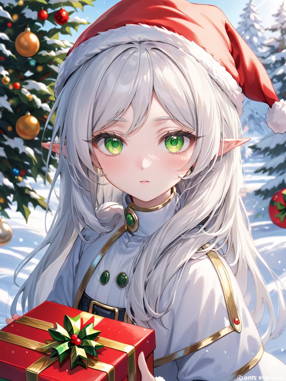 //Quality,
photo r3al, detailmaster2, masterpiece, photorealistic, 8k, 8k UHD, best quality, ultra realistic, ultra detailed, hyperdetailed photography, real photo, photorealistic, 8k, 
//Character,
cool snowman, realistic eyes, detailed face, upper body, facing viewer, (closeup), frieren, white hair, green eyes, long hair, pointy ears, parted bangs, 
//Fashion,
santa_hat, 
//Background,
winter, outdoor, daylight, 
//Others,
,(christmas gift:1.5),