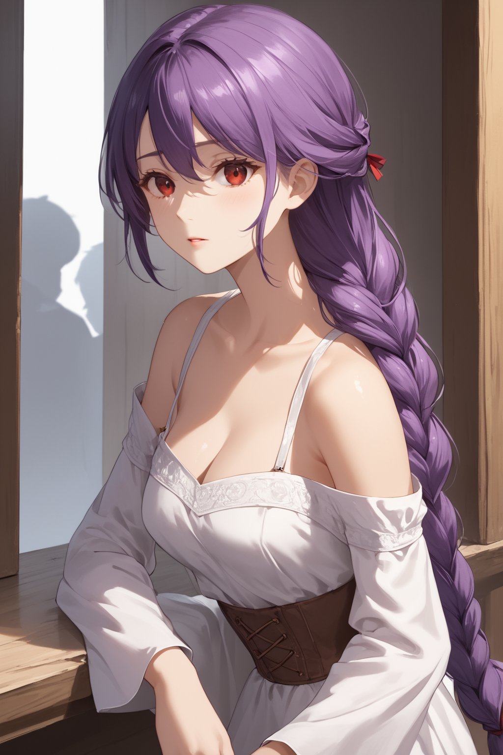 score_9,score_8_up,score_7_up,score_6_up, masterpiece, best quality, highres
,//Character, 
1girl, solo, long hair, purple hair, single braid, red eyes
,//Fashion, 

,//Background, 
,//Others, ,Expressiveh, 
A young woman in a medieval village, looking worried, surrounded by concerned villagers, dark shadows lurking in the background, ominous atmosphere,TatibanaYuStyle