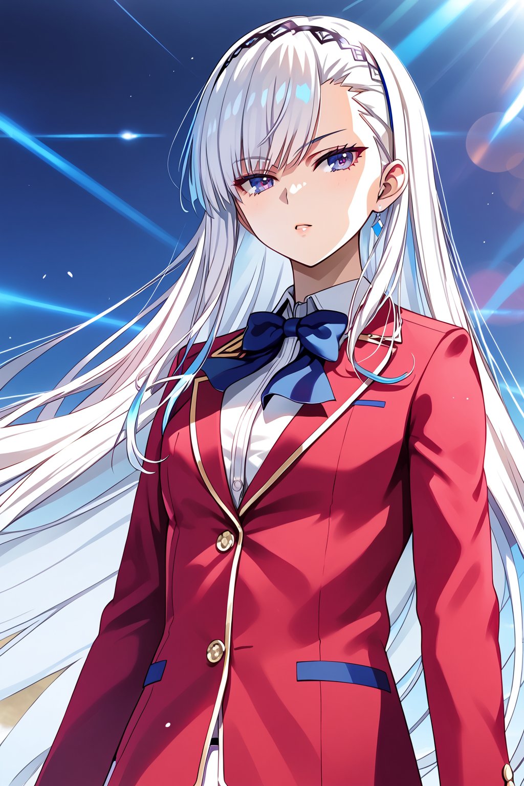 masterpiece, best quality, 8k, 8k UHD, ultra-high resolution, ultra-high definition, highres, cinematic lighting
,//Character, 
1girl, solo, fuka kiryuin, long hair, 1girl, purple eyes, hairband, bangs, asymmetrical bangs, white hair
,//Fashion, 
white shirt, red jacket, bowtie, pleated_skirt
,//Background, 
,//Others, ,Expressiveh