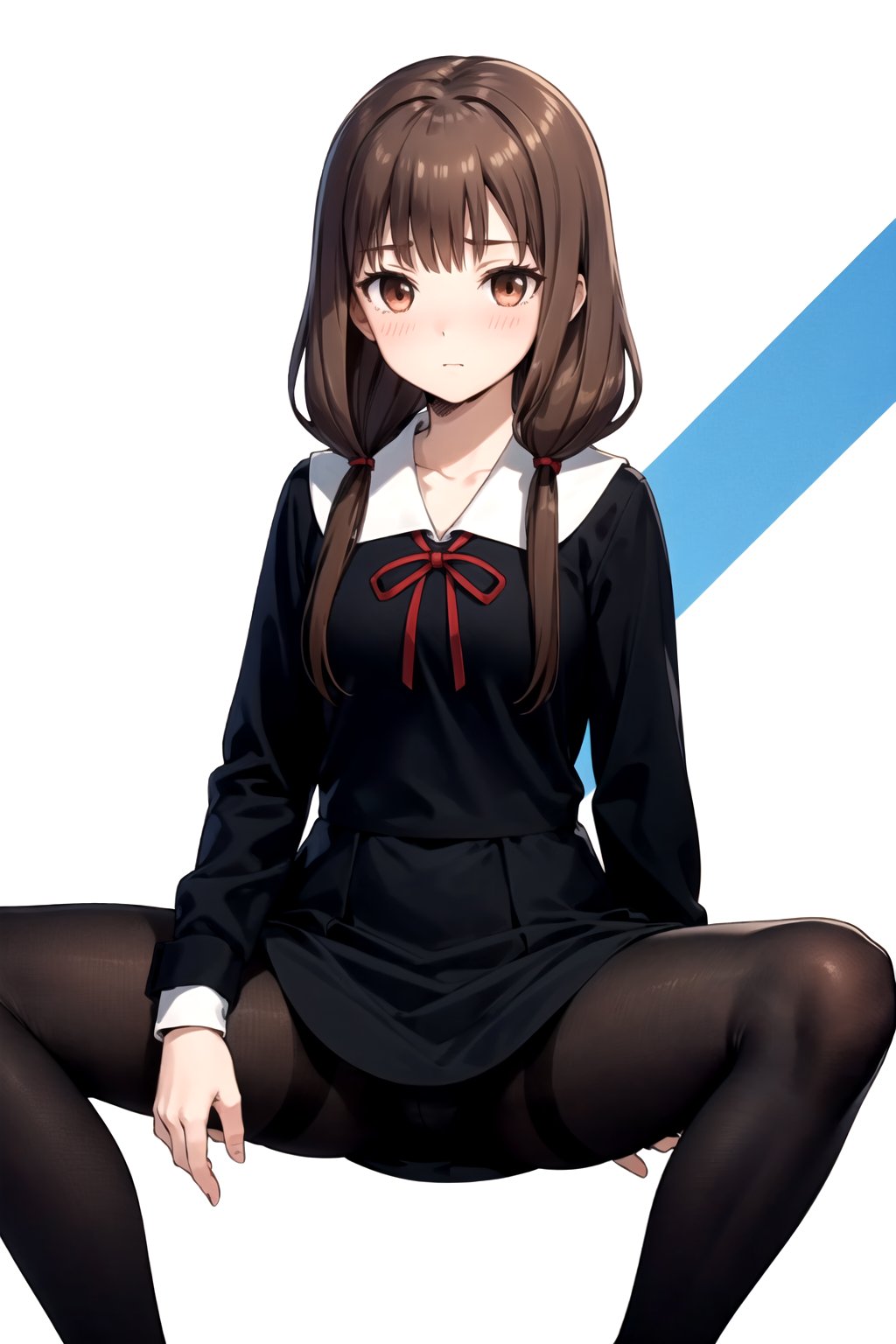 //Quality,
masterpiece, best quality
,//Character,
1girl, solo
,//Fashion, 
,//Background,
white_background
,//Others,
,spread legs, 
,brown hair, light blush, brown eyes, long hair, twintails,school uniform, black dress, red ribbon, black pantyhose