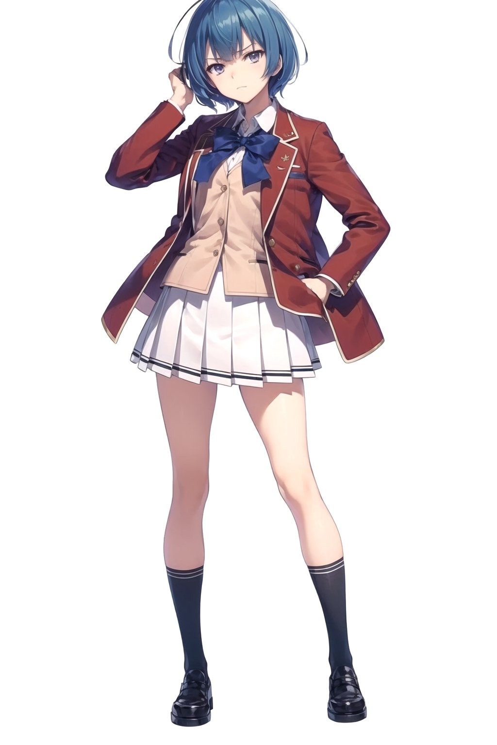 //Quality,
masterpiece, best quality
,//Character,
1girl, solo
,//Fashion,
,//Background,
white_background, simple_background
,//Others,
,1girl ibuki mio short hair blue hair,white skirt red jacket open jacket, full_body