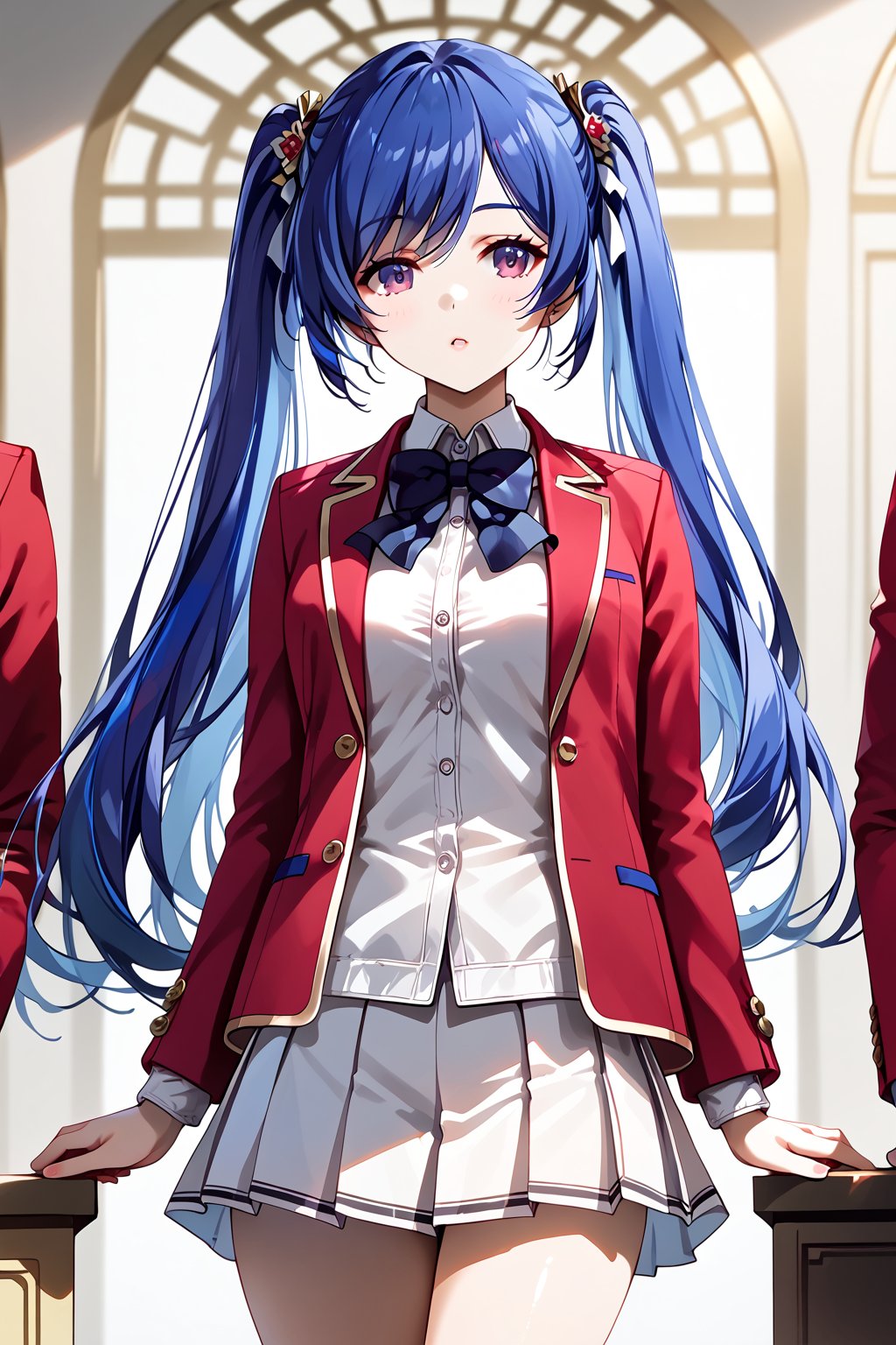 masterpiece, best quality, 8k, 8k UHD, ultra-high resolution, ultra-high definition, highres, cinematic lighting
,//Character, 
1girl, solo, mei-yu wang, 1girl, twintails, bangs, long hair, purple eyes, blue hair
,//Fashion, 
white shirt, red jacket, bowtie, pleated_skirt
,//Background, 
,//Others, ,Expressiveh