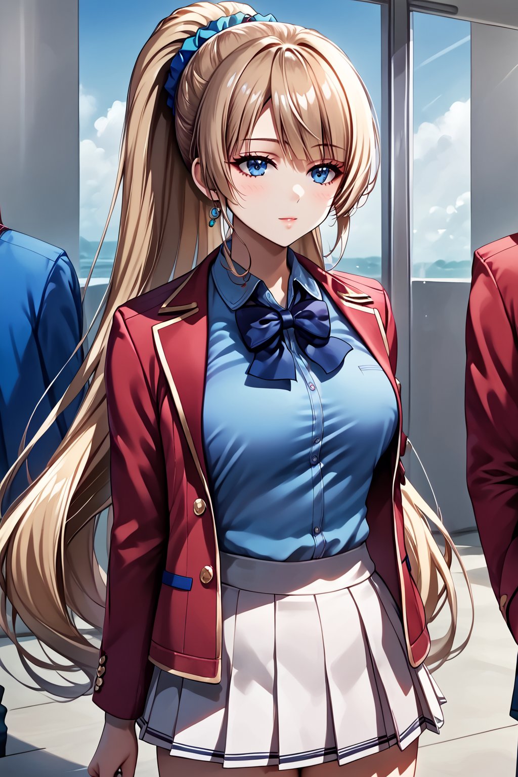 masterpiece, best quality, 8k, 8k UHD, ultra-high resolution, ultra-high definition, highres, cinematic lighting
,//Character, 
1girl, solo, long hair, scrunchie, hair scrunchie, very long hair, blue eyes, ponytail, bangshigh ponytail, blue scrunchie, brown hair, blonde hair, blunt bangsblue shirt, red jacket, bowtie, pleated_skirt
,//Fashion, 
,//Background, 
,//Others, ,Expressiveh