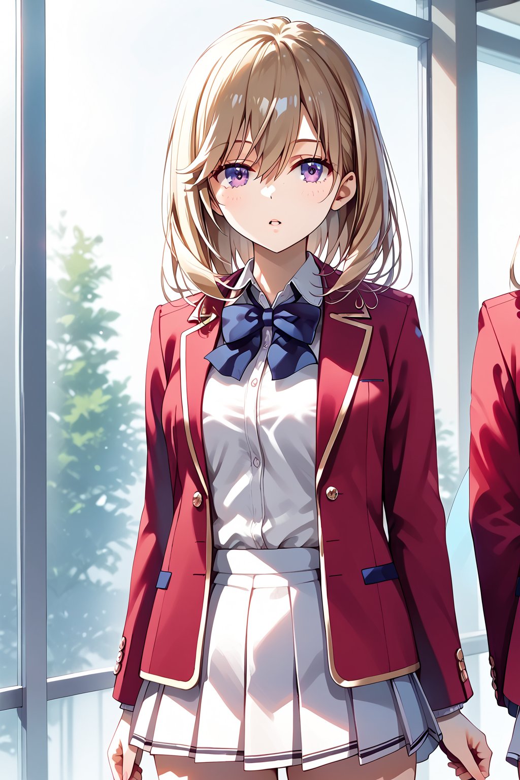 masterpiece, best quality, 8k, 8k UHD, ultra-high resolution, ultra-high definition, highres, cinematic lighting
,//Character, 
1girl, solo, sakurako tsubaki, purple eyes, bangs, long hair, parted lips, hair between eyes, medium hair
,//Fashion, 
white shirt, red jacket, bowtie, pleated_skirt
,//Background, 
,//Others, ,Expressiveh