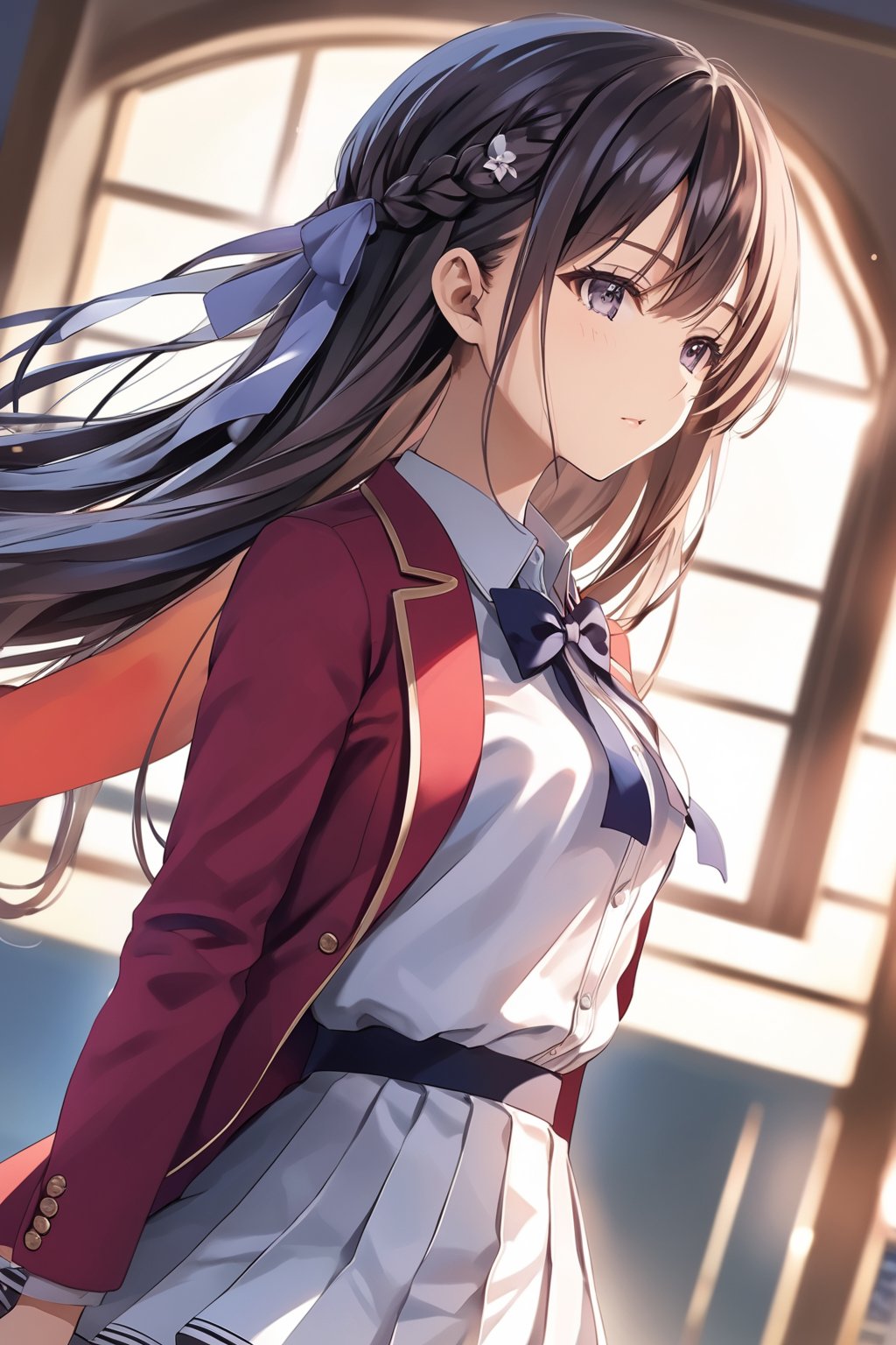 masterpiece, best quality, 8k, 8k UHD, ultra-high resolution, ultra-high definition, highres, cinematic lighting
,//Character, 
1girl, solo, suzune horikita, long hair, black hair, braid, purple eyes, very long hair, ribbon, hair ribbon, bangswhite shirt, red jacket, bowtie, pleated_skirt
,//Fashion, 
,//Background, 
,//Others, ,Expressiveh