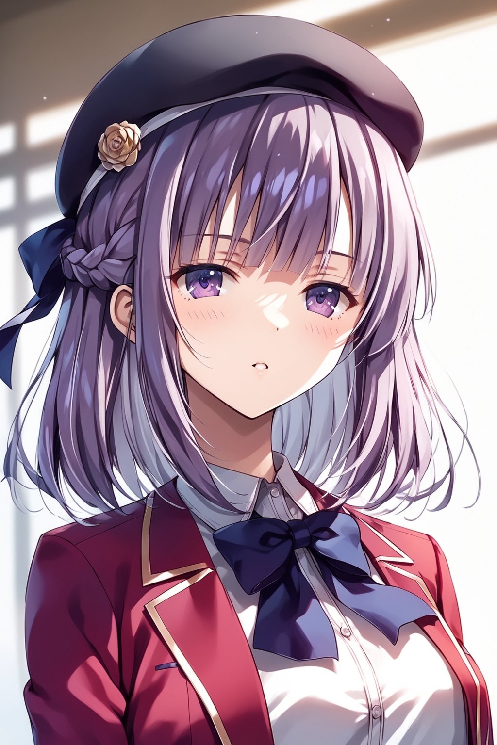 masterpiece, best quality, 8k, 8k UHD, ultra-high resolution, ultra-high definition, highres, cinematic lighting
,//Character, 
1girl, solo, arisu sakayanagi, 1girl, bangs, hat, bow, black headwear, ribbon, blunt bangs, light purple hair, hair ribbon, braid, striped, purple eyes, purple eyes, french braid, grey hair, medium hair
,//Fashion, 
white shirt, red jacket, bowtie, pleated_skirt
,//Background, 
,//Others, ,Expressiveh