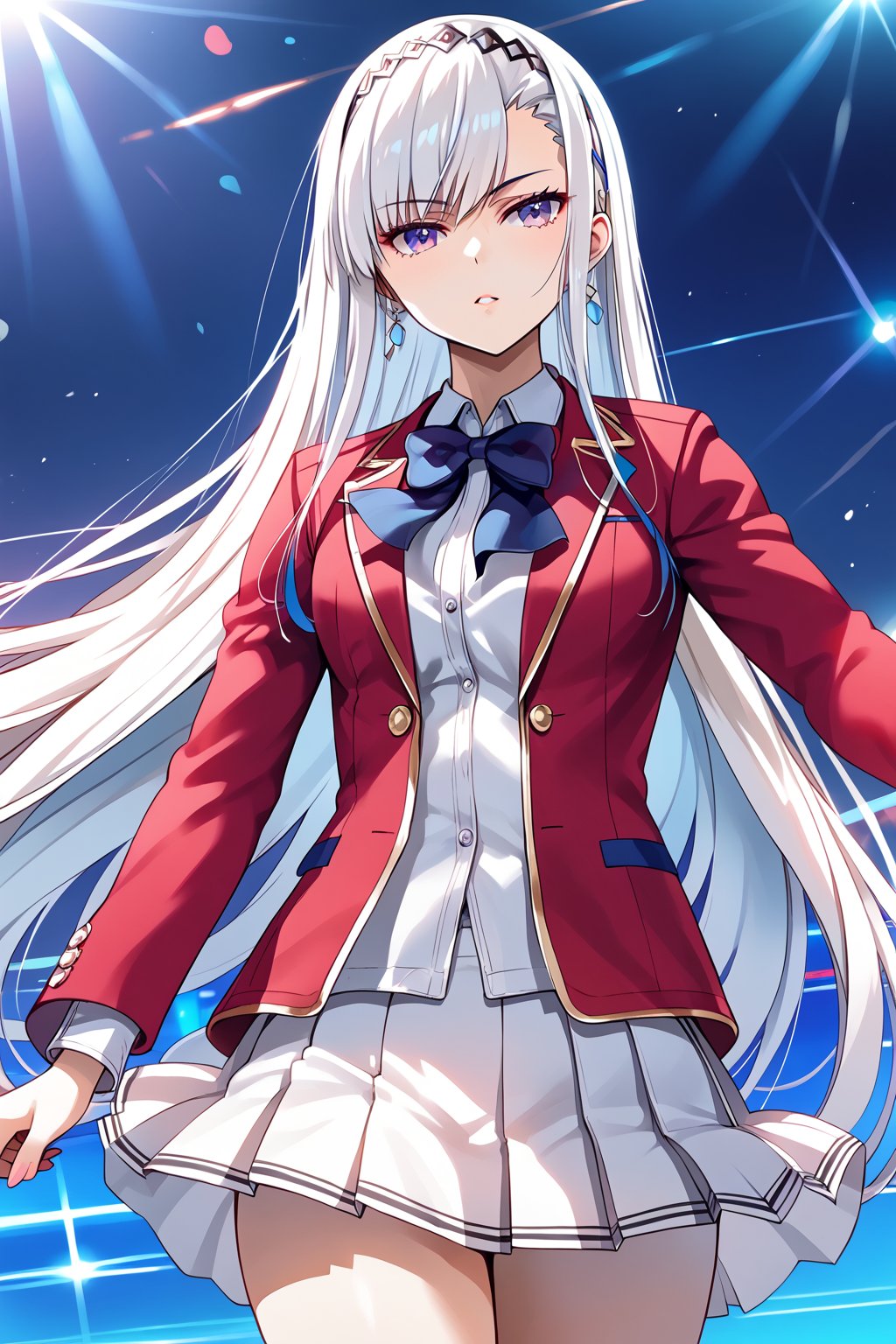 masterpiece, best quality, 8k, 8k UHD, ultra-high resolution, ultra-high definition, highres, cinematic lighting
,//Character, 
1girl, solo, fuka kiryuin, long hair, 1girl, purple eyes, hairband, bangs, asymmetrical bangs, white hair
,//Fashion, 
white shirt, red jacket, bowtie, pleated_skirt
,//Background, 
,//Others, ,Expressiveh