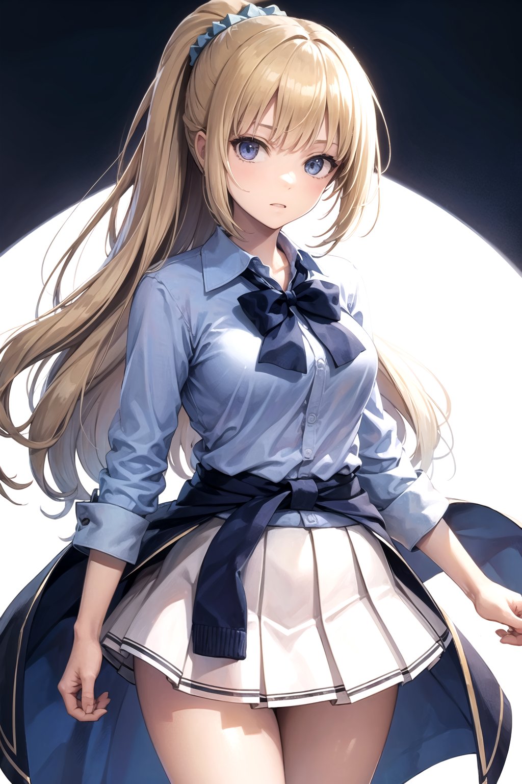 //Quality,
masterpiece, best quality
,//Character,
1girl, solo
,//Fashion, 
,//Background,
white_background
,//Others,
,spread legs, 
,aakei, long hair, blonde hair, ponytail, hair scrunchie, blue bowtie, collared shirt, blue shirt, sleeves rolled up, clothes around waist, pleated skirt, white skirt