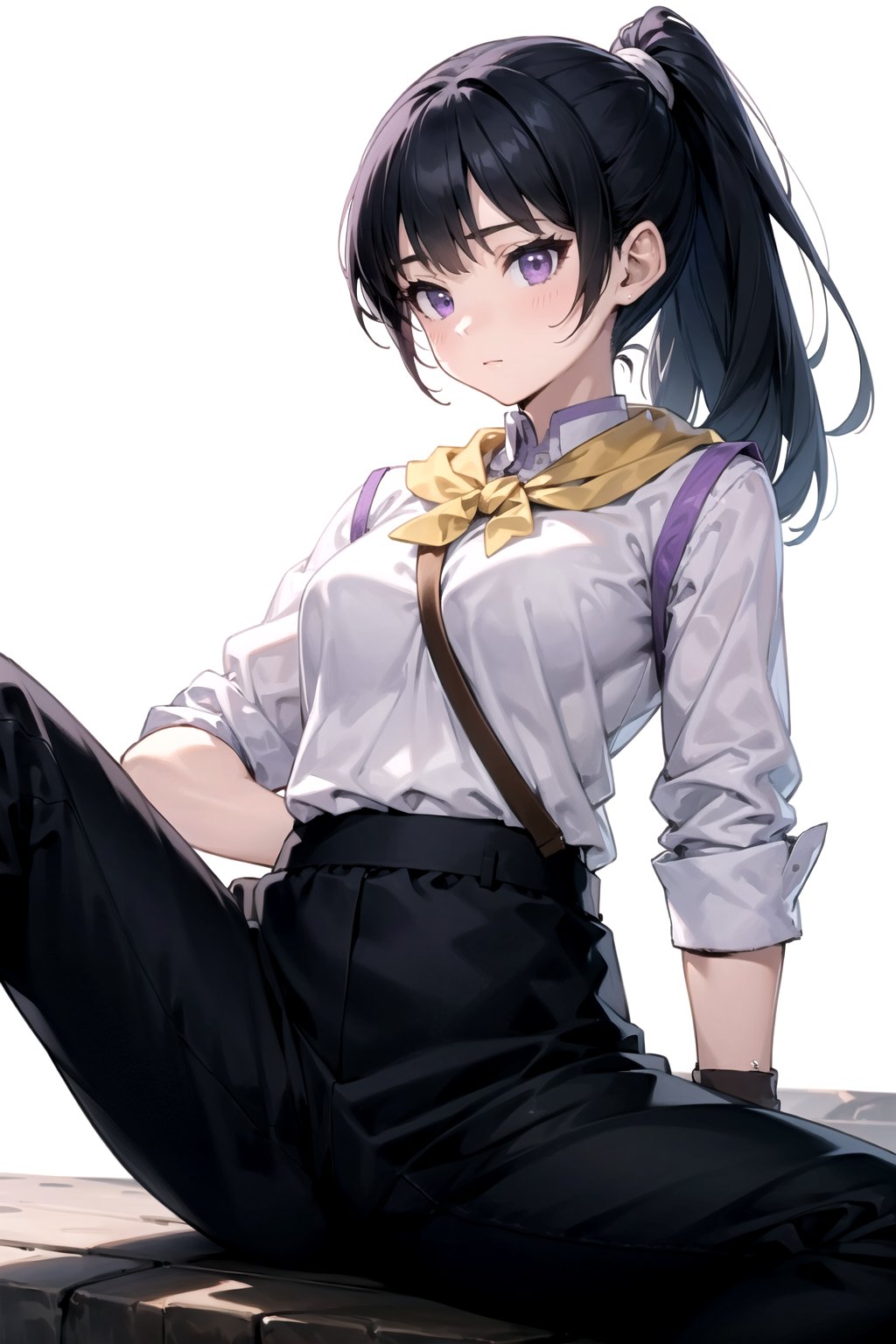 //Quality,
masterpiece, best quality
,//Character,
1girl, solo
,//Fashion, 
,//Background,
white_background
,//Others,
,spread legs, 
,FighterGS, 1girl, solo, long hair, black hair, purple eyes, ponytail, shirt, black pants