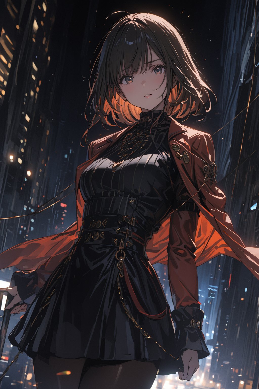 masterpiece, best quality, 8k, 8k UHD, ultra-high resolution, ultra-high definition, highres, cinematic lighting
,//Character, 
1girl, solo
,//Fashion, 
,//Background, 
,//Others, ,Expressiveh, hentai, 
A woman performing a high-wire act between skyscrapers, city lights twinkling far below.