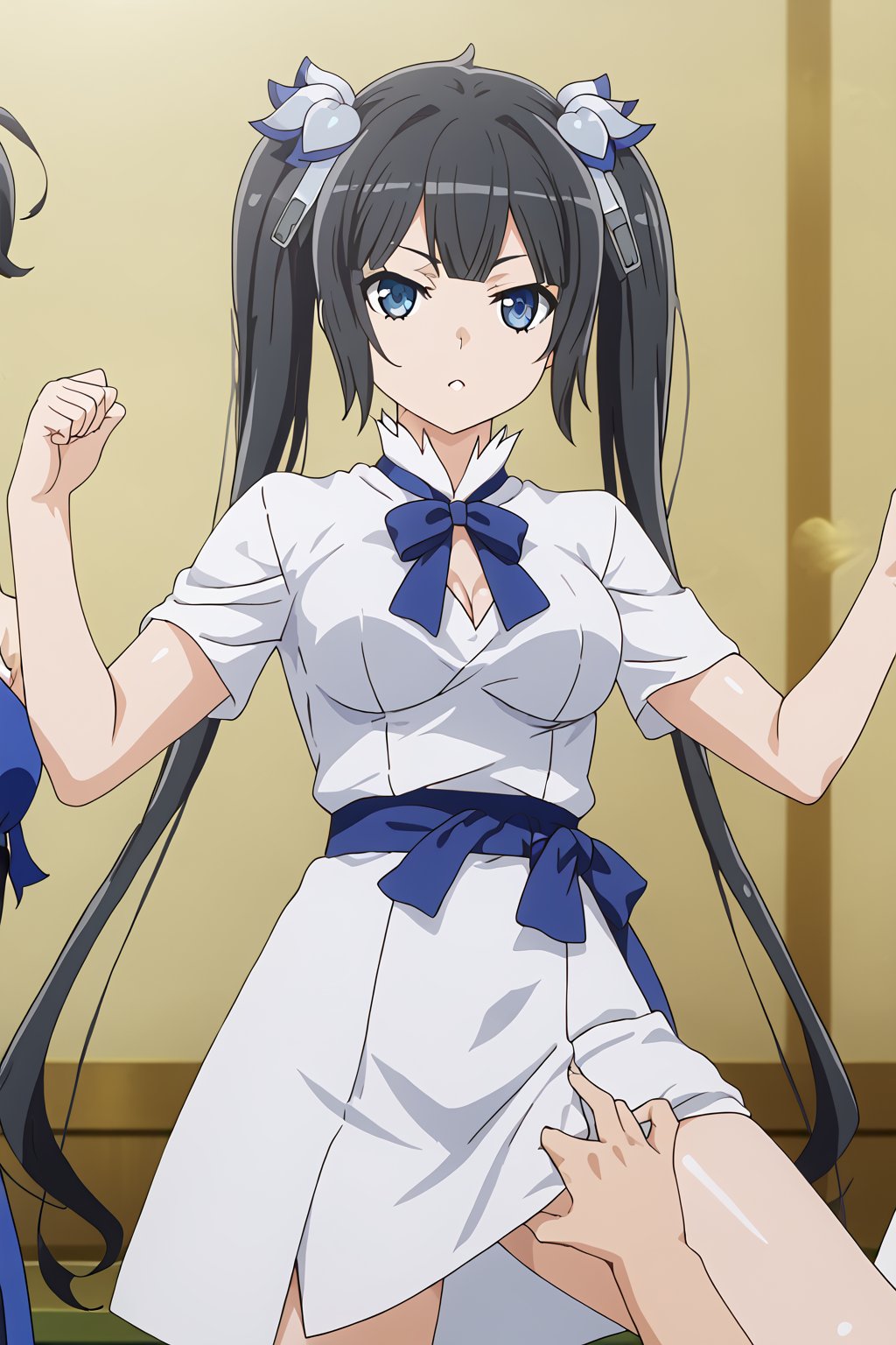 masterpiece, best quality, highres
,//Character, 
1girl,hestia, black hair, blue eyes,
twin tails/long hair, hair ornament
,//Fashion, 

,//Background, 
,//Others, ,Expressiveh, 
A martial artist mid-kick, her gi revealing a glimpse of athletic physique.