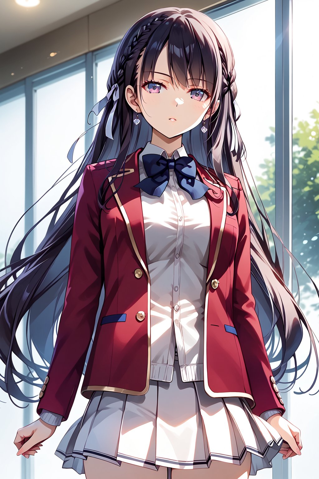 masterpiece, best quality, 8k, 8k UHD, ultra-high resolution, ultra-high definition, highres, cinematic lighting
,//Character, 
1girl, solo, suzune horikita, long hair, black hair, braid, purple eyes, very long hair, ribbon, hair ribbon, bangswhite shirt, red jacket, bowtie, pleated_skirt
,//Fashion, 
,//Background, 
,//Others, ,Expressiveh