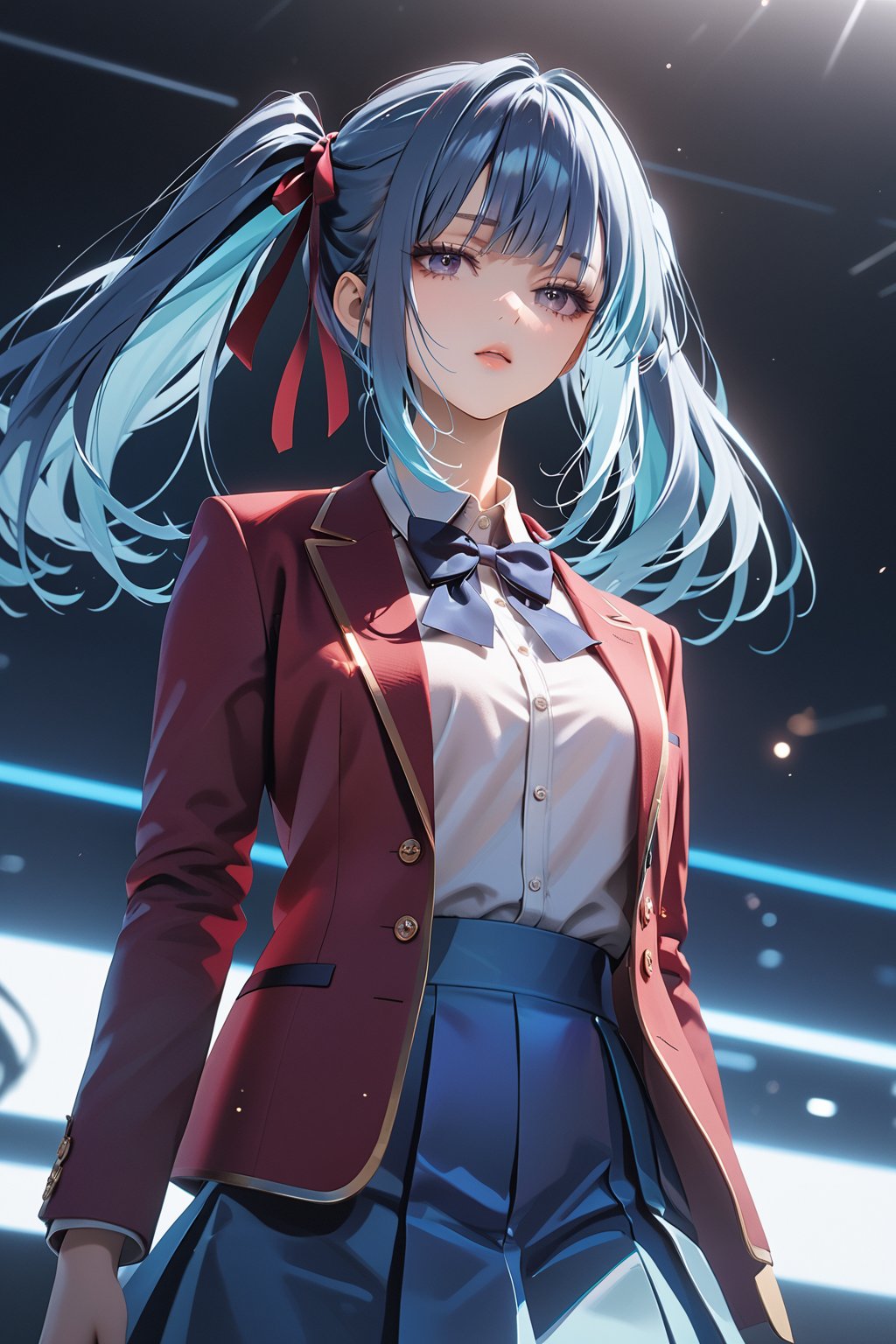 masterpiece, best quality, 8k, 8k UHD, ultra-high resolution, ultra-high definition, highres, cinematic lighting
,//Character, 
1girl, solo, mei-yu wang, 1girl, twintails, bangs, long hair, purple eyes, blue hair
,//Fashion, 
white shirt, red jacket, bowtie, pleated_skirt
,//Background, 
,//Others, ,Expressiveh