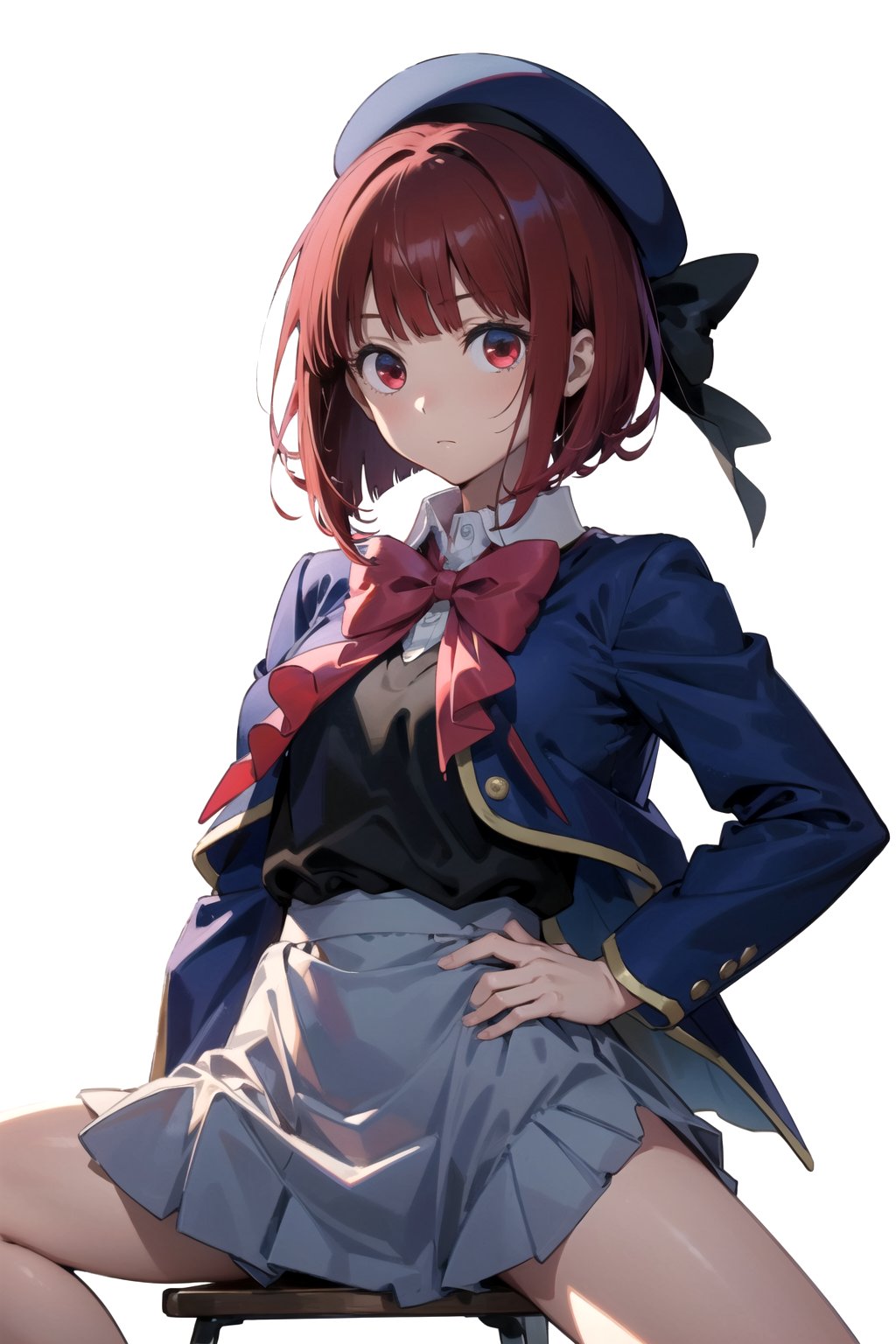 //Quality,
masterpiece, best quality
,//Character,
1girl, solo
,//Fashion, 
,//Background,
white_background
,//Others,
,spread legs, 
,aakana, short hair, beret, red eyes, blue headwear, red bowtie, collared shirt, blue jacket, open jacket, long sleeves, grey skirt