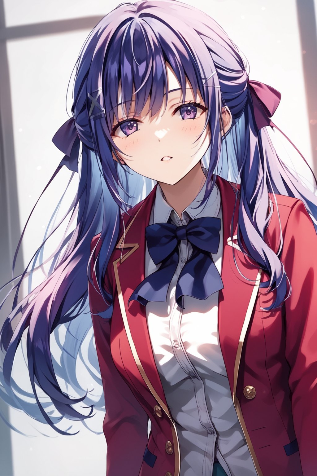 masterpiece, best quality, 8k, 8k UHD, ultra-high resolution, ultra-high definition, highres, cinematic lighting
,//Character, 
1girl, solo, ai morishita, hair ornament, long hair, purple eyes, bangs, hairclip, purple hair, blue hair, twintails, low twintails, x hair ornament, white shirt, red jacket, bowtie, pleated_skirt
,//Fashion, 
,//Background, 
,//Others, ,Expressiveh