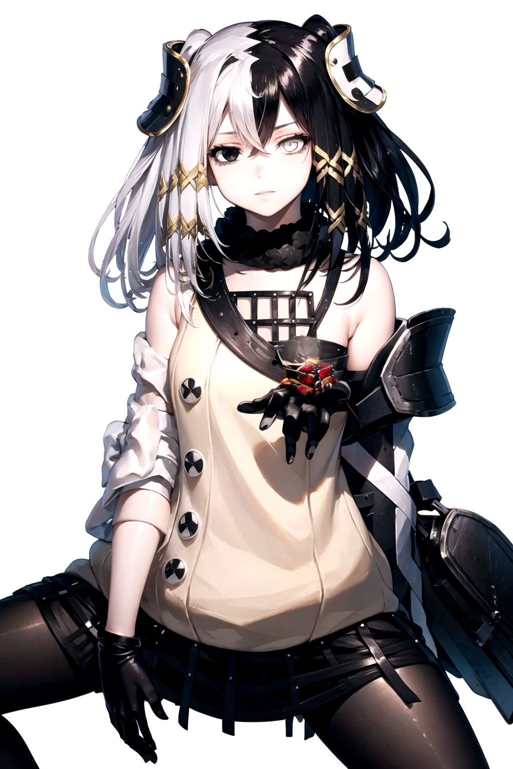 //Quality,
masterpiece, best quality
,//Character,
1girl, solo
,//Fashion, 
,//Background,
white_background
,//Others,
,spread legs, 
,olantilene, hair ornament, heterochromia, sweater, skirt, black gloves