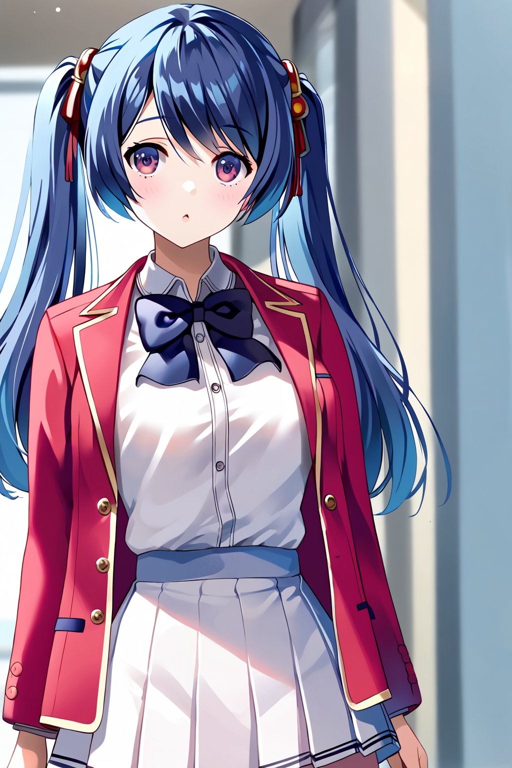 masterpiece, best quality, 8k, 8k UHD, ultra-high resolution, ultra-high definition, highres, cinematic lighting
,//Character, 
1girl, solo, mei-yu wang, 1girl, twintails, bangs, long hair, purple eyes, blue hair
,//Fashion, 
white shirt, red jacket, bowtie, pleated_skirt
,//Background, 
,//Others, ,Expressiveh