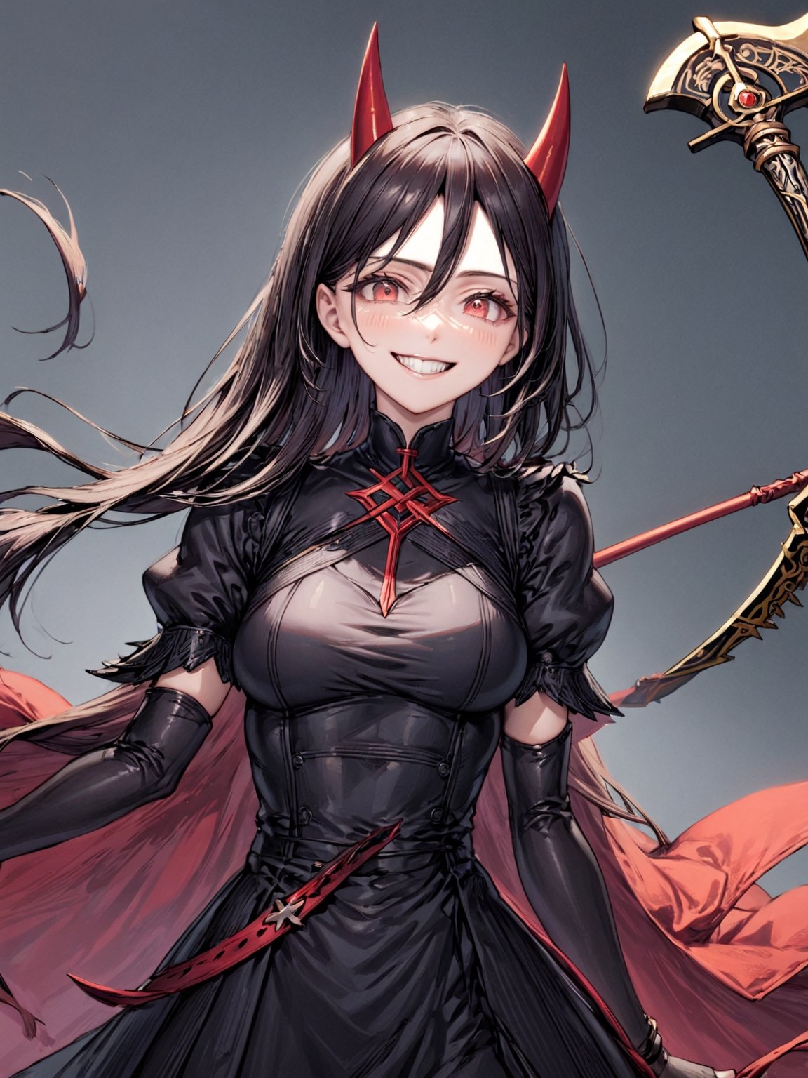 //Quality,
photo r3al, detailmaster2, masterpiece, photorealistic, 8k, 8k UHD, best quality, ultra realistic, ultra detailed, hyperdetailed photography, real photo
,//Character,
1girl, solo
,//Fashion,
,//Background,
,//Others,
,powerdef, sharp teeth, grin, holding scythe, red scythe, cross-shaped pupils