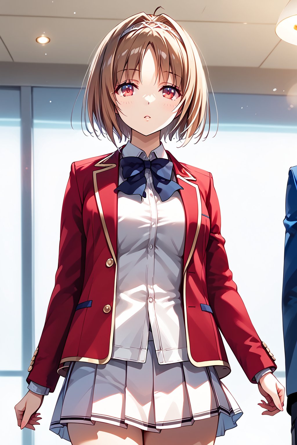 masterpiece, best quality, 8k, 8k UHD, ultra-high resolution, ultra-high definition, highres, cinematic lighting
,//Character, 
1girl, solo, kikyo kushida, 1girl, brown hair, short hair, hairband, hair intakes, red eyes
,//Fashion, 
white shirt, red jacket, bowtie, pleated_skirt
,//Background, 
,//Others, ,Expressiveh