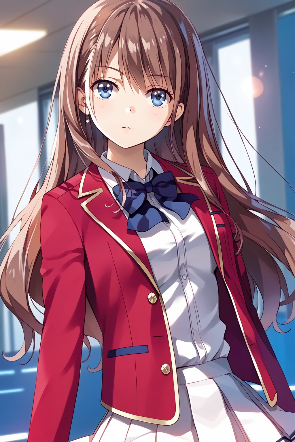 masterpiece, best quality, 8k, 8k UHD, ultra-high resolution, ultra-high definition, highres, cinematic lighting
,//Character, 
1girl, solo, chiaki matsushita, 1girl, brown hair, long hair, blue eyes, bangs, very long hair
,//Fashion, 
white shirt, red jacket, bowtie, pleated_skirt
,//Background, 
,//Others, ,Expressiveh