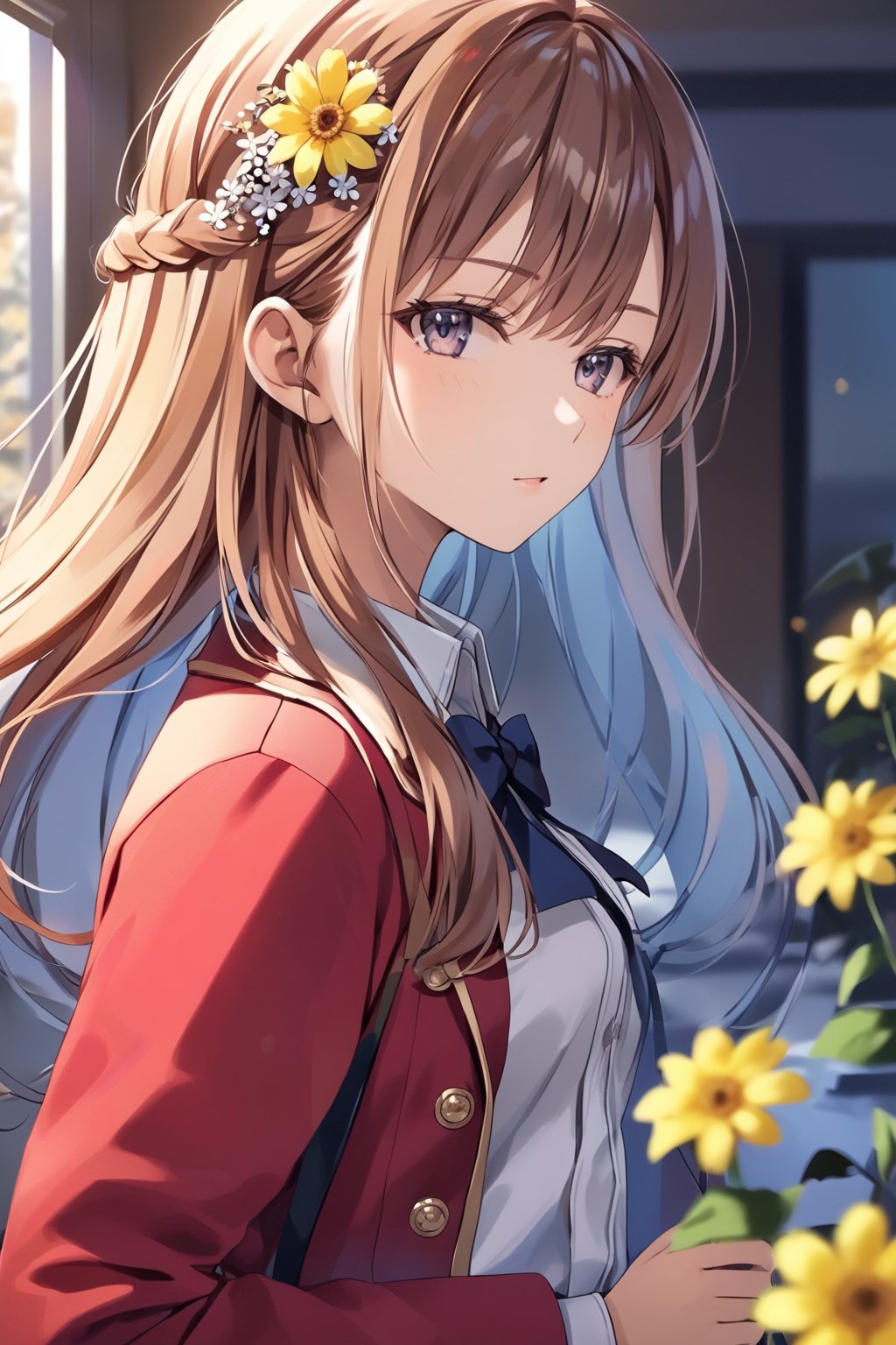 masterpiece, best quality, 8k, 8k UHD, ultra-high resolution, ultra-high definition, highres, cinematic lighting
,//Character, 
1girl, solo, nazuna asahina, hair ornament, hairclip, flower, long hair, brown hair, purple eyes, hair flower, yellow flower, bangs, swept bangs
,//Fashion, 
white shirt, red jacket, bowtie, pleated_skirt
,//Background, 
,//Others, ,Expressiveh