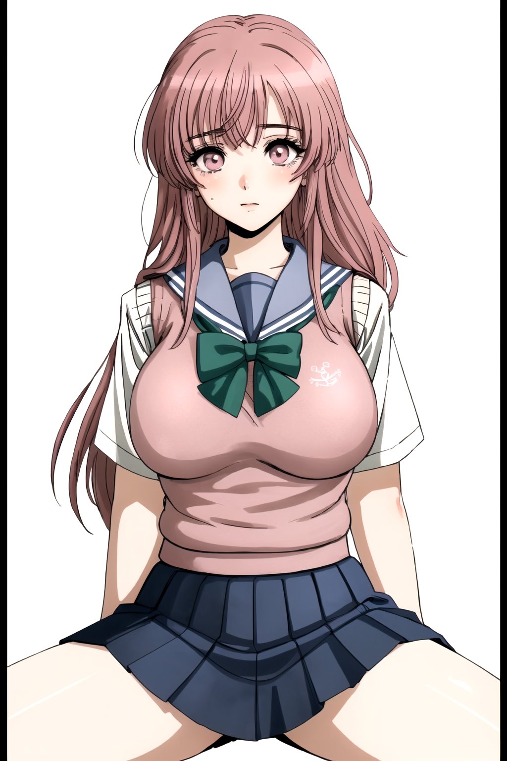 //Quality,
masterpiece, best quality
,//Character,
1girl, solo
,//Fashion, 
,//Background,
white_background
,//Others,
,spread legs, 
,inui shinju lj,pink hair, pink eyes, long hair, big breasts, upper body,school uniform, sailor collar, sweater vest, blue skirt, green bow