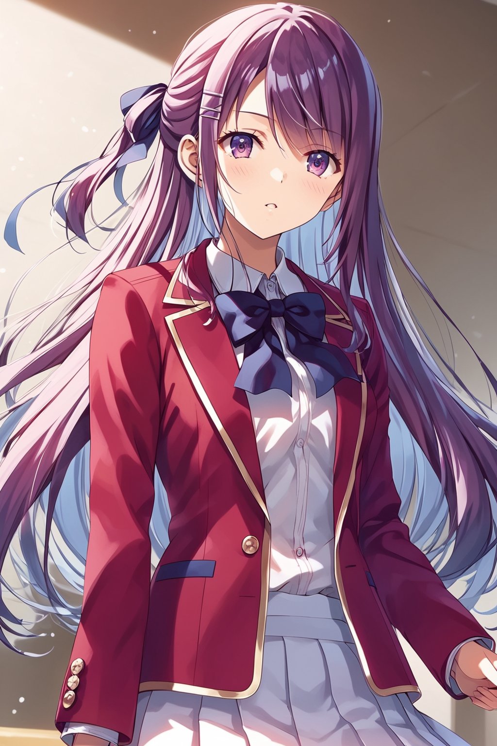 masterpiece, best quality, 8k, 8k UHD, ultra-high resolution, ultra-high definition, highres, cinematic lighting
,//Character, 
1girl, solo, masumi kamuro, 1girl, long hair, hairclip, hair ornament, purple eyes, one side up, purple hair, ribbon, hair ribbon, very long hair
,//Fashion, 
white shirt, red jacket, bowtie, pleated_skirt
,//Background, 
,//Others, ,Expressiveh