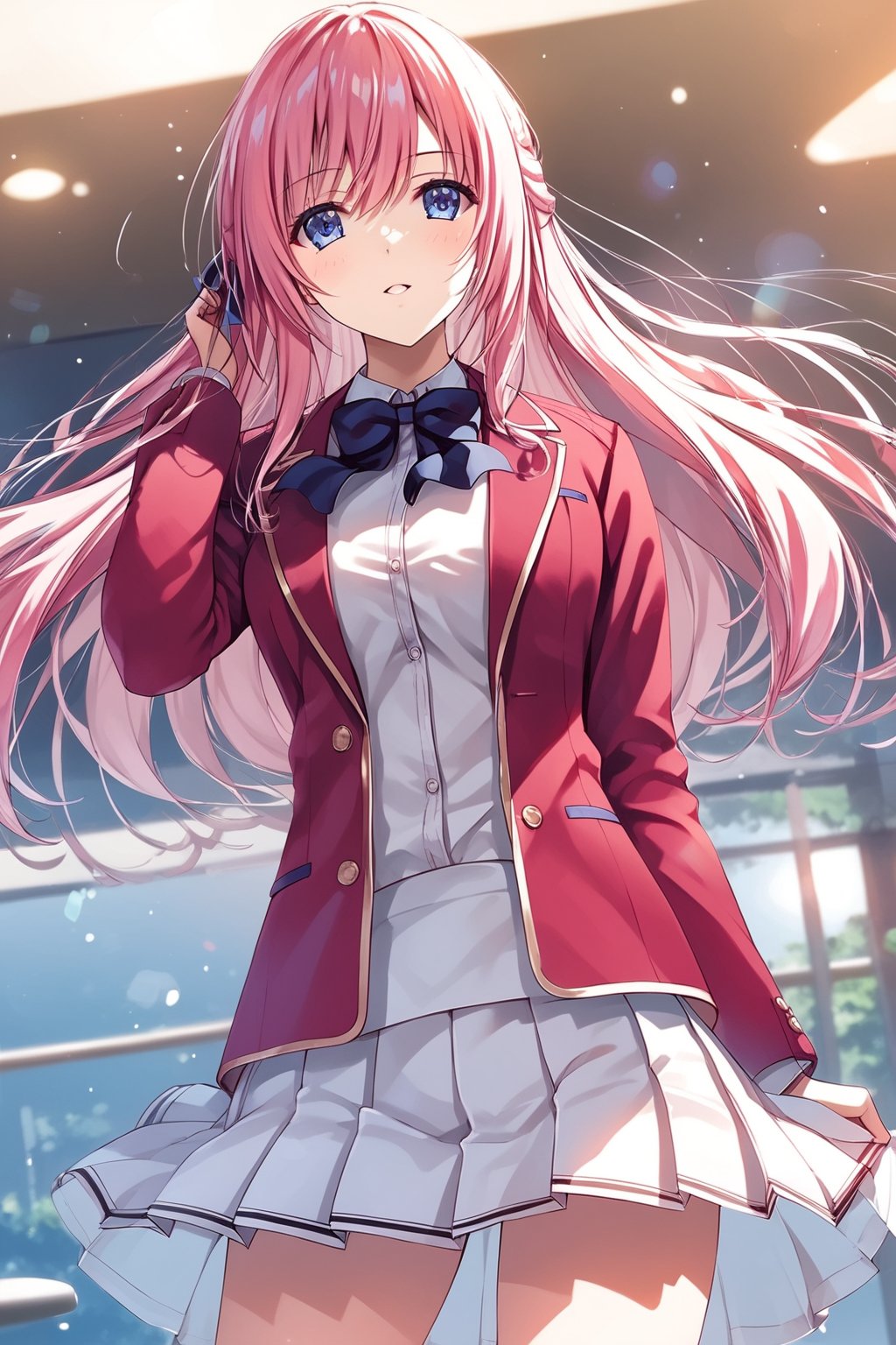 masterpiece, best quality, 8k, 8k UHD, ultra-high resolution, ultra-high definition, highres, cinematic lighting
,//Character, 
1girl, solo, honami ichinose, 1girl, long hair, blue eyes, pink hair, bangs, very long hair, hair between eyes
,//Fashion, 
white shirt, red jacket, bowtie, pleated_skirt
,//Background, 
,//Others, ,Expressiveh