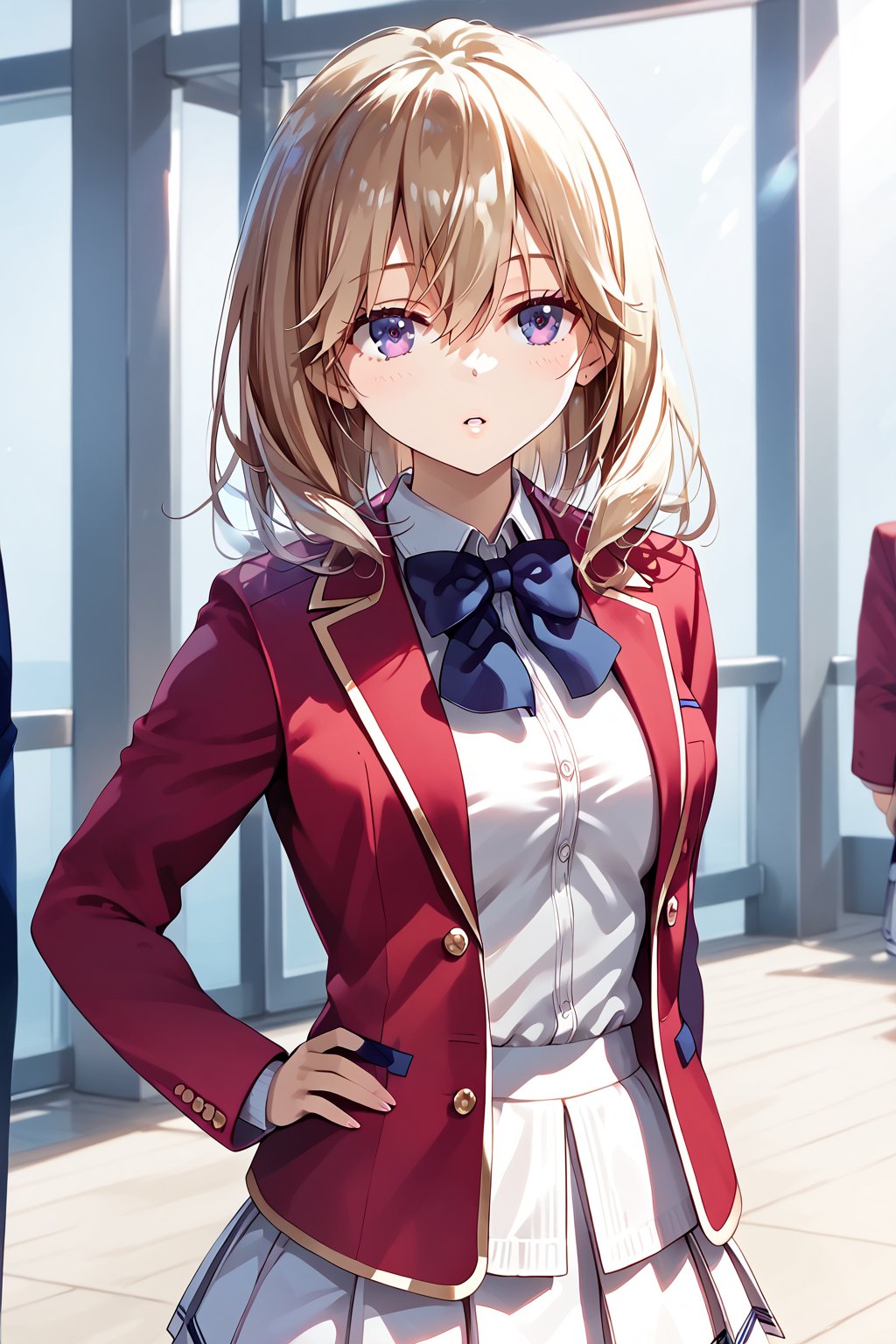 masterpiece, best quality, 8k, 8k UHD, ultra-high resolution, ultra-high definition, highres, cinematic lighting
,//Character, 
1girl, solo, sakurako tsubaki, purple eyes, bangs, long hair, parted lips, hair between eyes, medium hair
,//Fashion, 
white shirt, red jacket, bowtie, pleated_skirt
,//Background, 
,//Others, ,Expressiveh