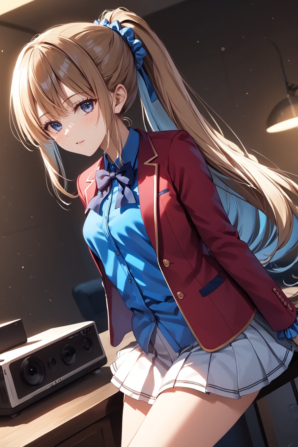 masterpiece, best quality, 8k, 8k UHD, ultra-high resolution, ultra-high definition, highres, cinematic lighting
,//Character, 
1girl, solo, long hair, scrunchie, hair scrunchie, very long hair, blue eyes, ponytail, bangshigh ponytail, blue scrunchie, brown hair, blonde hair, blunt bangsblue shirt, red jacket, bowtie, pleated_skirt
,//Fashion, 
,//Background, 
,//Others, ,Expressiveh