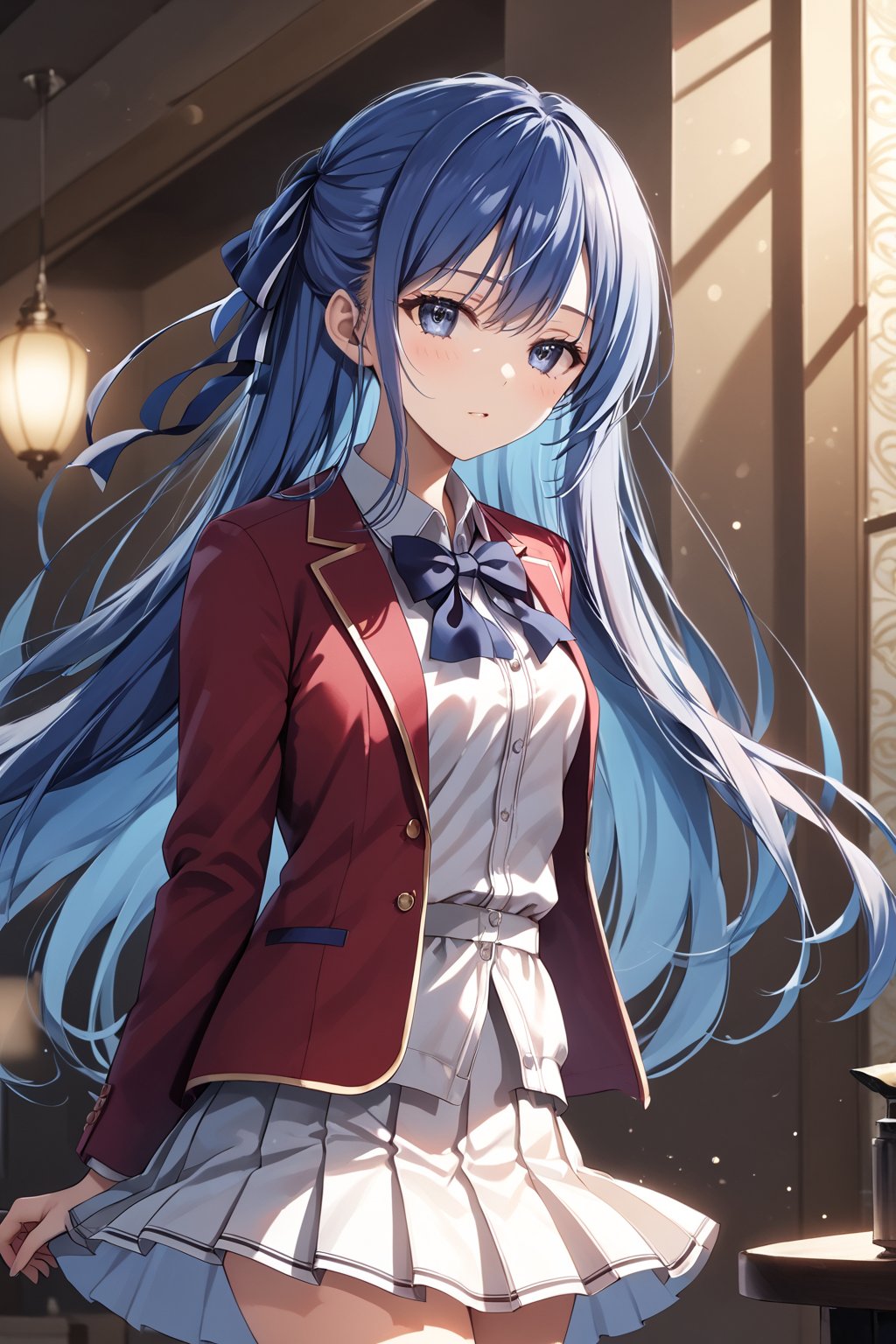 masterpiece, best quality, 8k, 8k UHD, ultra-high resolution, ultra-high definition, highres, cinematic lighting
,//Character, 
1girl, solo, hiyori shiina, 1girl, long hair, very long hair, blue eyes, hair ribbon, ribbon, blue hair, hair bow, hair between eyes
,//Fashion, 
white shirt, red jacket, bowtie, pleated_skirt
,//Background, 
,//Others, ,Expressiveh