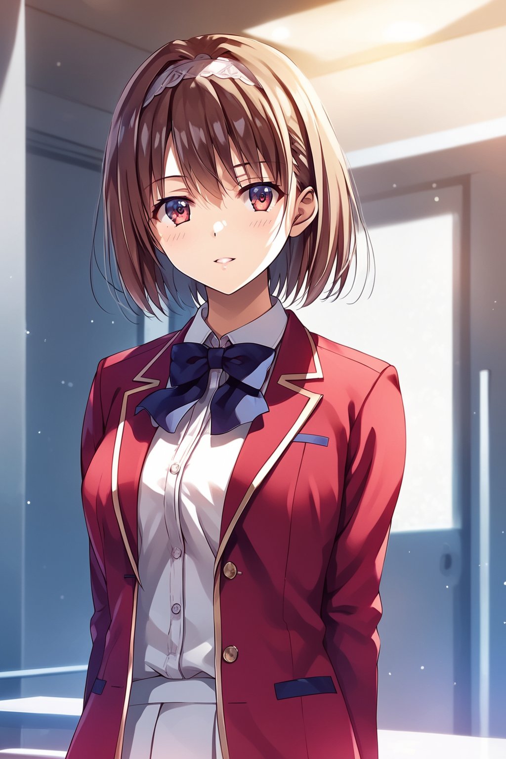 masterpiece, best quality, 8k, 8k UHD, ultra-high resolution, ultra-high definition, highres, cinematic lighting
,//Character, 
1girl, solo, kikyo kushida, 1girl, brown hair, short hair, hairband, hair intakes, red eyes
,//Fashion, 
white shirt, red jacket, bowtie, pleated_skirt
,//Background, 
,//Others, ,Expressiveh