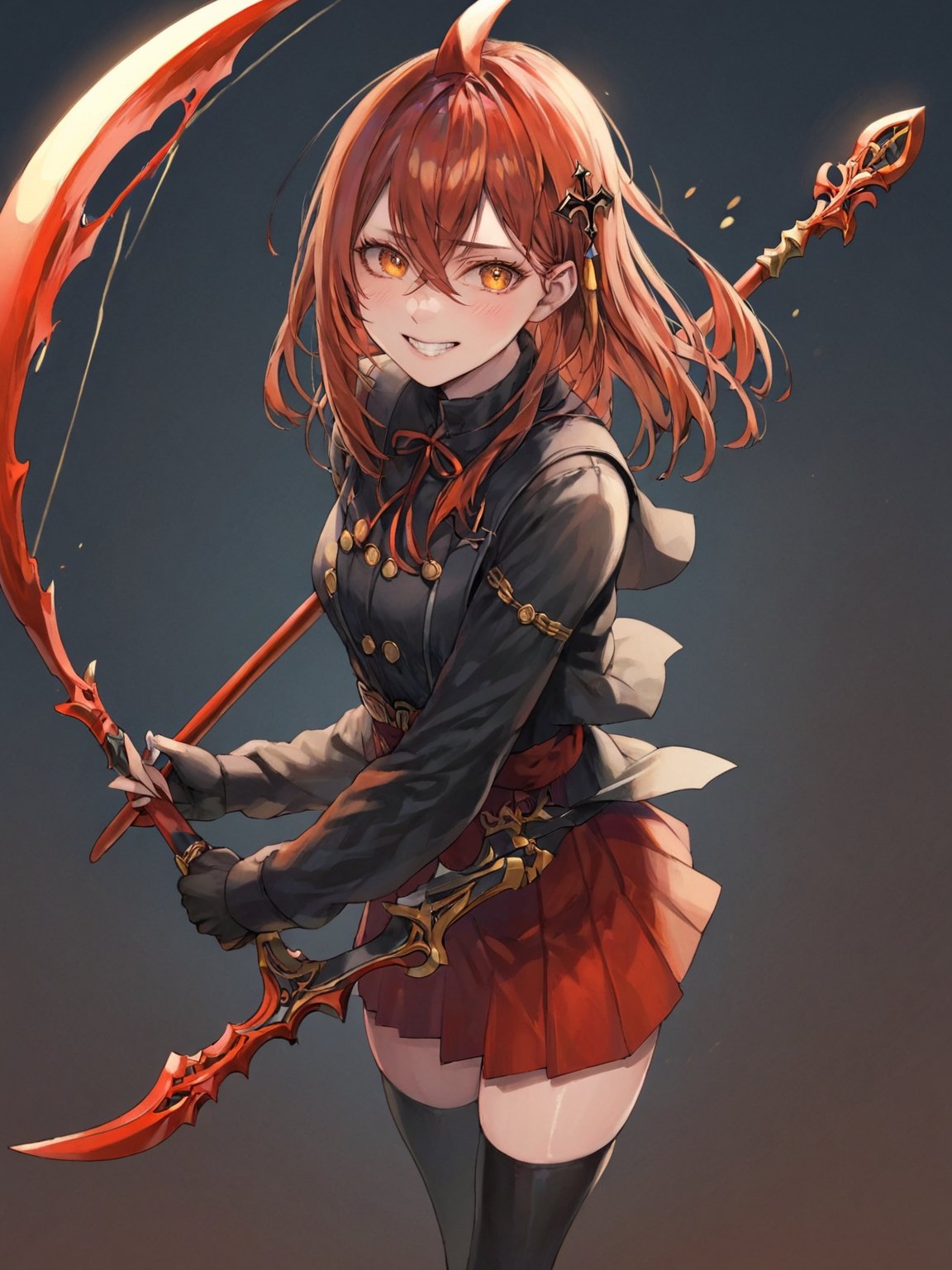 //Quality,
photo r3al, detailmaster2, masterpiece, photorealistic, 8k, 8k UHD, best quality, ultra realistic, ultra detailed, hyperdetailed photography, real photo
,//Character,
1girl, solo
,//Fashion,
,//Background,
,//Others,
,powerdef, sharp teeth, grin, holding scythe, red scythe, cross-shaped pupils