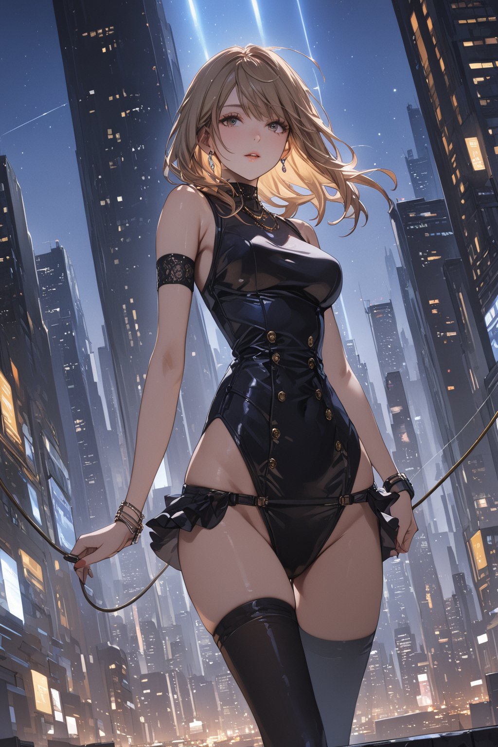 masterpiece, best quality, 8k, 8k UHD, ultra-high resolution, ultra-high definition, highres, cinematic lighting
,//Character, 
1girl, solo
,//Fashion, 
,//Background, 
,//Others, ,Expressiveh, hentai, 
A woman performing a high-wire act between skyscrapers, city lights twinkling far below.