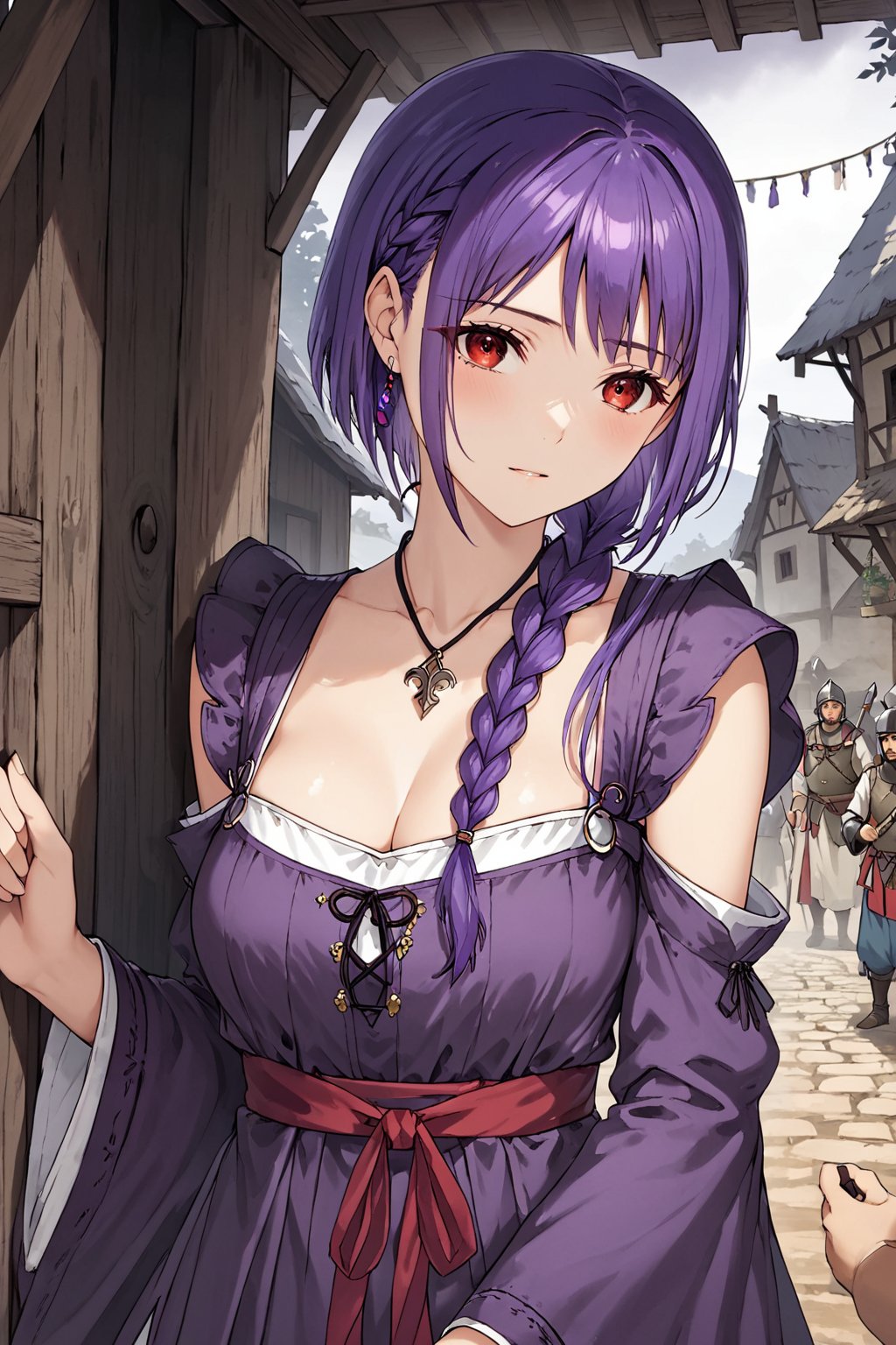 score_9,score_8_up,score_7_up,score_6_up, masterpiece, best quality, highres
,//Character, 
1girl, solo, long hair, purple hair, single braid, red eyes
,//Fashion, 

,//Background, 
,//Others, ,Expressiveh, 
A young woman in a medieval village, looking worried, surrounded by concerned villagers, dark shadows lurking in the background, ominous atmosphere,TatibanaYuStyle