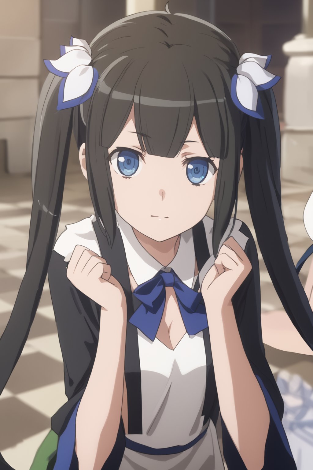 score_9,score_8_up,score_7_up,score_6_up, masterpiece, best quality, highres
,//Character, 
1girl,hestia, black hair, blue eyes,
twin tails/long hair, hair ornament
,//Fashion, 

,//Background, 
,//Others, ,Expressiveh, 
Female mage casting a barrier spell around a small town, magical energy flowing from her hands, townspeople watching in awe