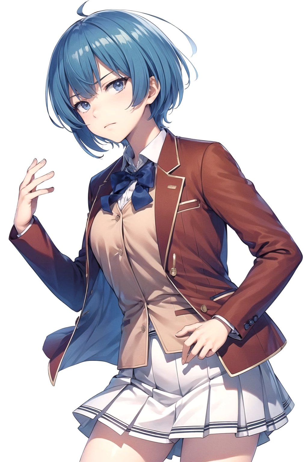 //Quality,
masterpiece, best quality
,//Character,
1girl, solo
,//Fashion,
,//Background,
white_background, simple_background
,//Others,
,1girl ibuki mio short hair blue hair,white skirt red jacket open jacket