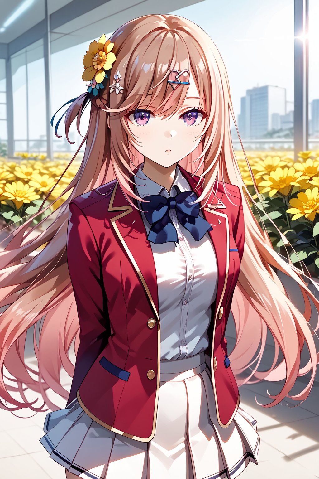 masterpiece, best quality, 8k, 8k UHD, ultra-high resolution, ultra-high definition, highres, cinematic lighting
,//Character, 
1girl, solo, nazuna asahina, hair ornament, hairclip, flower, long hair, brown hair, purple eyes, hair flower, yellow flower, bangs, swept bangs
,//Fashion, 
white shirt, red jacket, bowtie, pleated_skirt
,//Background, 
,//Others, ,Expressiveh