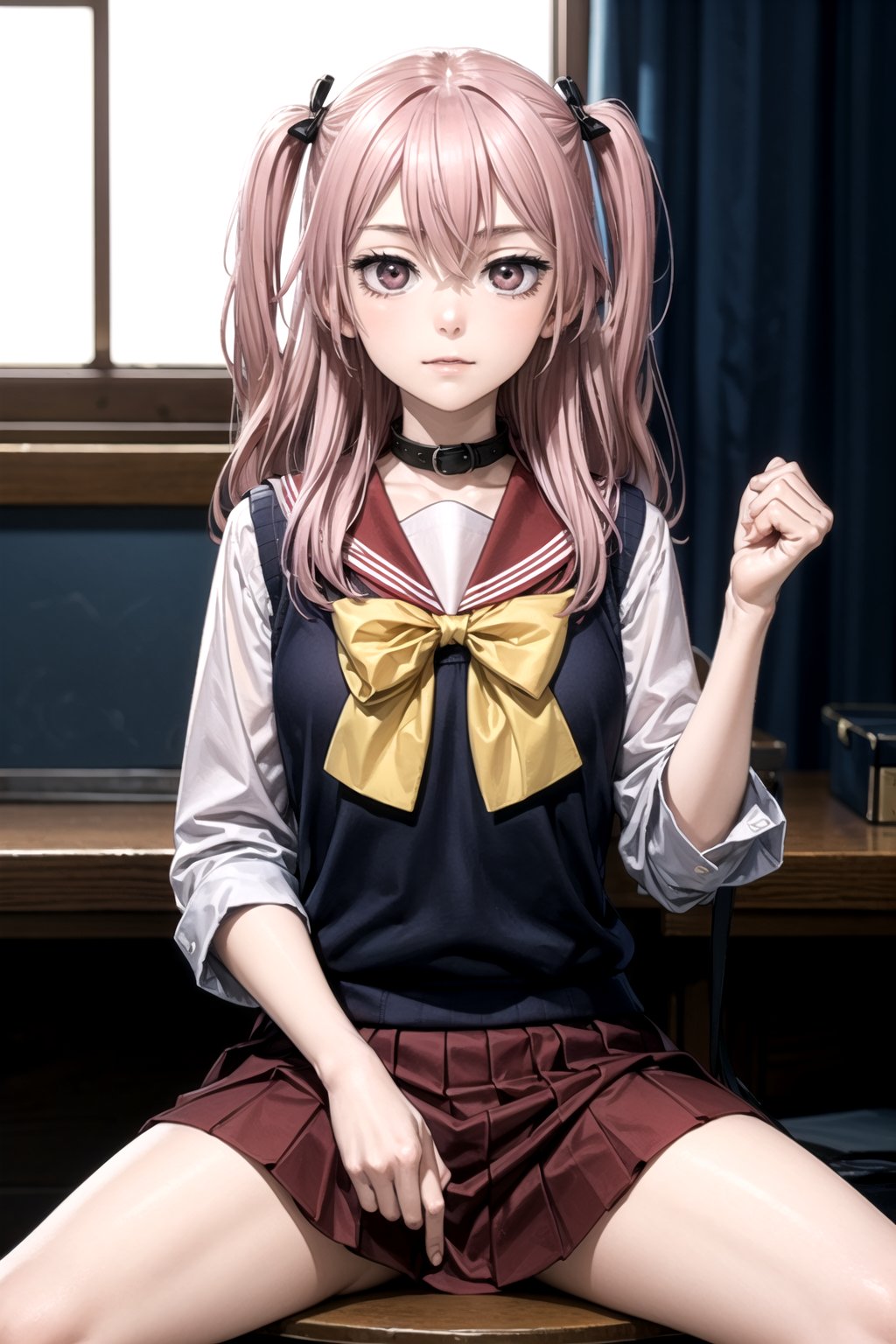 //Quality,
masterpiece, best quality
,//Character,
1girl, solo
,//Fashion, 
,//Background,
white_background
,//Others,
,spread legs, 
,inui sajuna juju,pink hair, pink eyes, long hair, two side up,school uniform, sweater vest, black vest, red sailor collar, red skirt, yellow bow