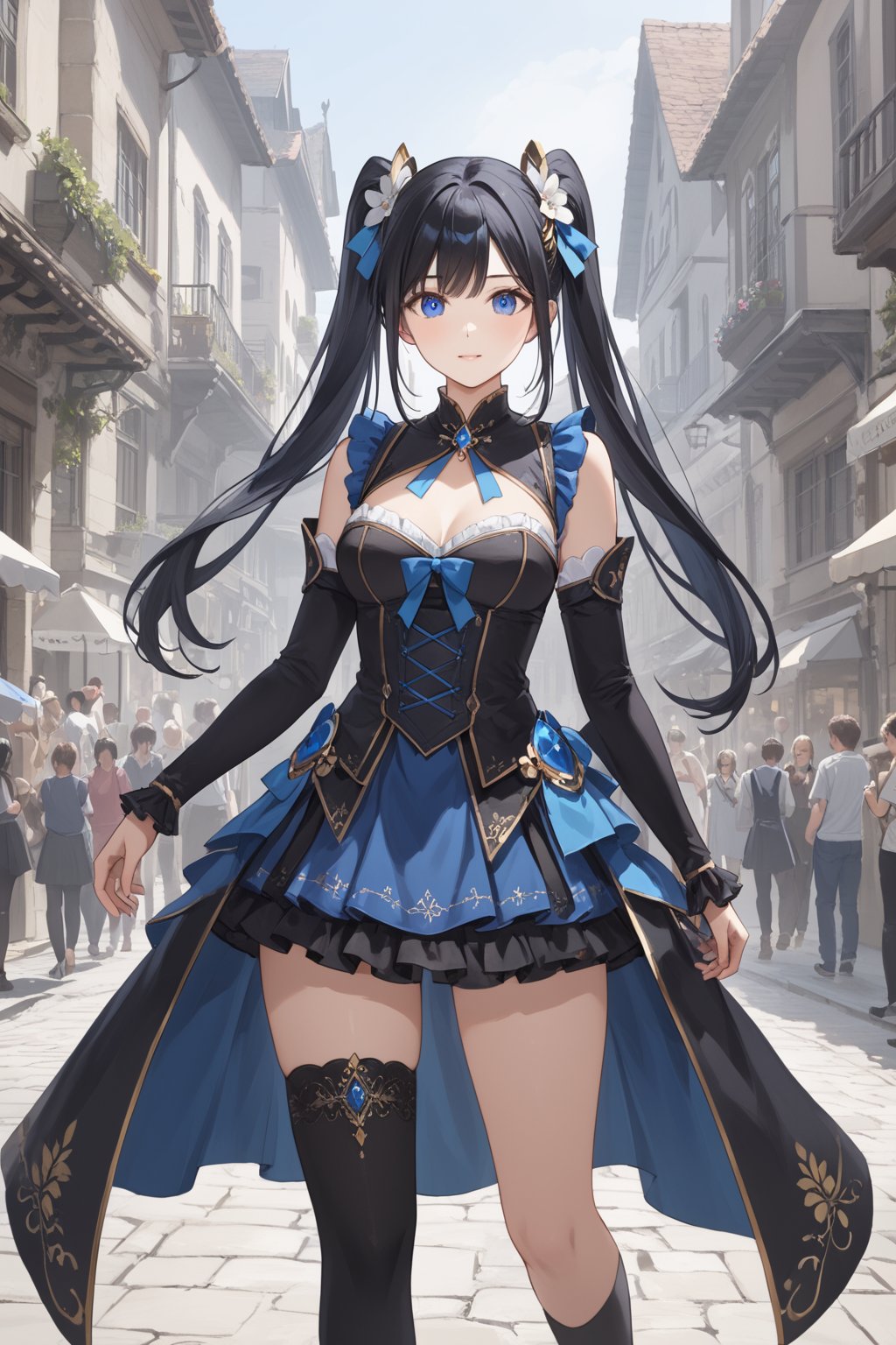 score_9,score_8_up,score_7_up,score_6_up, masterpiece, best quality, highres
,//Character, 
1girl,hestia, black hair, blue eyes,
twin tails/long hair, hair ornament
,//Fashion, 

,//Background, 
,//Others, ,Expressiveh, 
Female mage casting a barrier spell around a small town, magical energy flowing from her hands, townspeople watching in awe