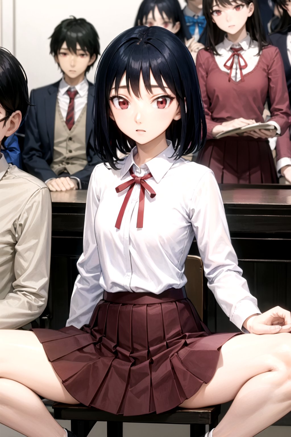 //Quality,
masterpiece, best quality
,//Character,
1girl, solo
,//Fashion, 
,//Background,
white_background
,//Others,
,spread legs, 
,yakumo tsukamoto, short hair, black hair, (red eyes:1.3),BREAK skirt, shirt, long sleeves, bow, ribbon, school uniform, white shirt, pleated skirt, collared shirt, bowtie, red ribbon, neck ribbon, red skirt