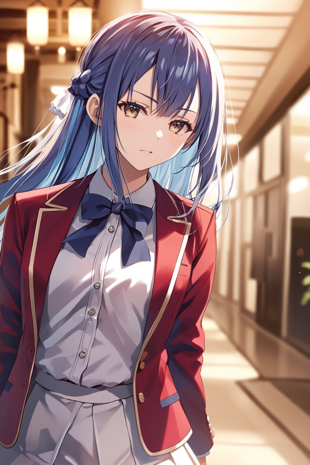 masterpiece, best quality, 8k, 8k UHD, ultra-high resolution, ultra-high definition, highres, cinematic lighting
,//Character, 
1girl, solo, haruka hasebe, 1girl, blue hair, long hair, mole, mole under eye, brown eyes
,//Fashion, 
white shirt, red jacket, bowtie, pleated_skirt
,//Background, 
,//Others, ,Expressiveh