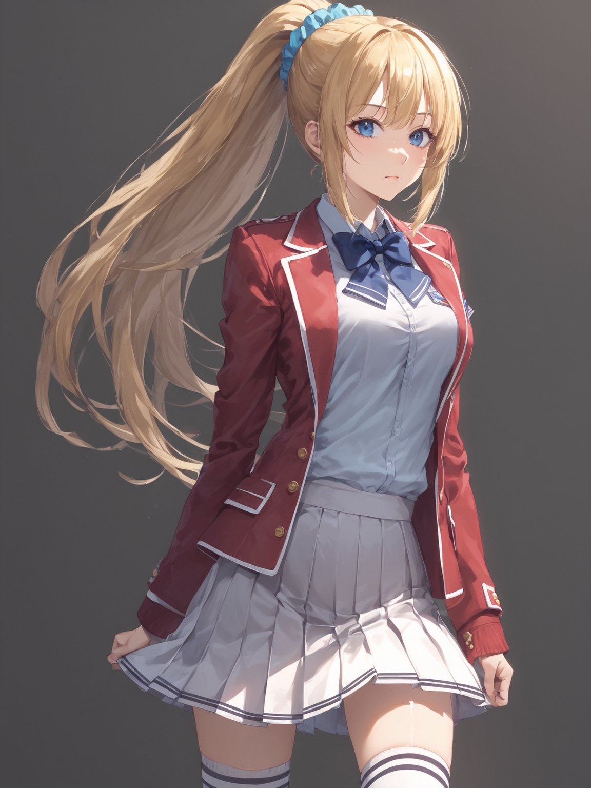 //Quality, masterpiece, best quality, detailmaster2, 8k, 8k UHD, ultra-high resolution, ultra-high definition, highres,
//Character, 1girl, solo, ,
//Fashion,
//Background, white_background,
//Others, ,KaruizawaKei, blue eyes, blonde hair, ponytail, bangs, breasts, hair ornament,
school uniform, red jacket, open jacket, hair scrunchie, bowtie, white skirt, pleated skirt, kneehighs, white socks, shoes,Expressiveh concept art,dark theme