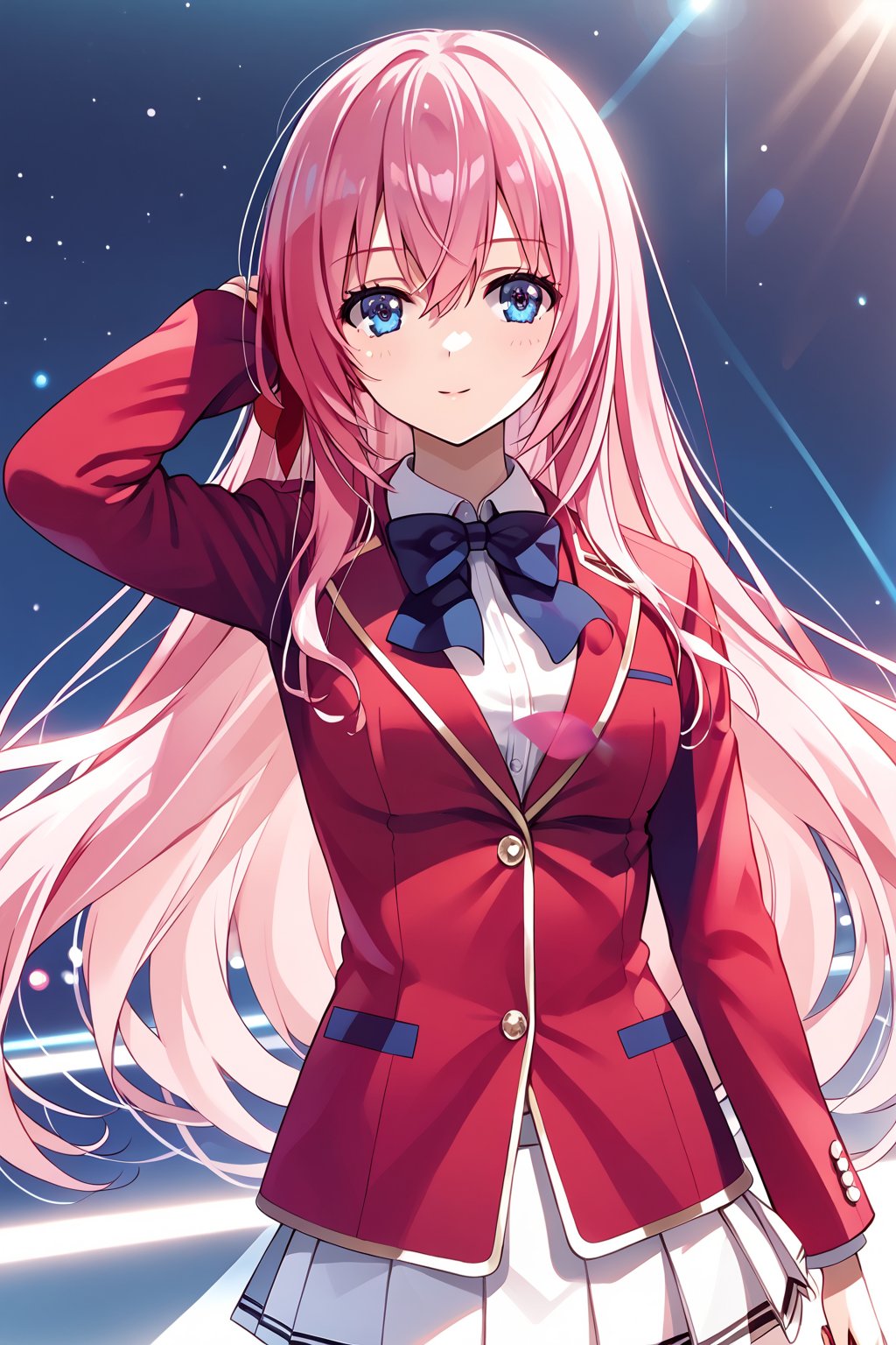 masterpiece, best quality, 8k, 8k UHD, ultra-high resolution, ultra-high definition, highres, cinematic lighting
,//Character, 
1girl, solo, honami ichinose, 1girl, long hair, blue eyes, pink hair, bangs, very long hair, hair between eyes
,//Fashion, 
white shirt, red jacket, bowtie, pleated_skirt
,//Background, 
,//Others, ,Expressiveh