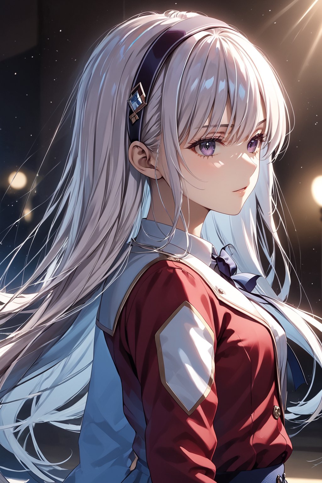 masterpiece, best quality, 8k, 8k UHD, ultra-high resolution, ultra-high definition, highres, cinematic lighting
,//Character, 
1girl, solo, fuka kiryuin, long hair, 1girl, purple eyes, hairband, bangs, asymmetrical bangs, white hair
,//Fashion, 
white shirt, red jacket, bowtie, pleated_skirt
,//Background, 
,//Others, ,Expressiveh