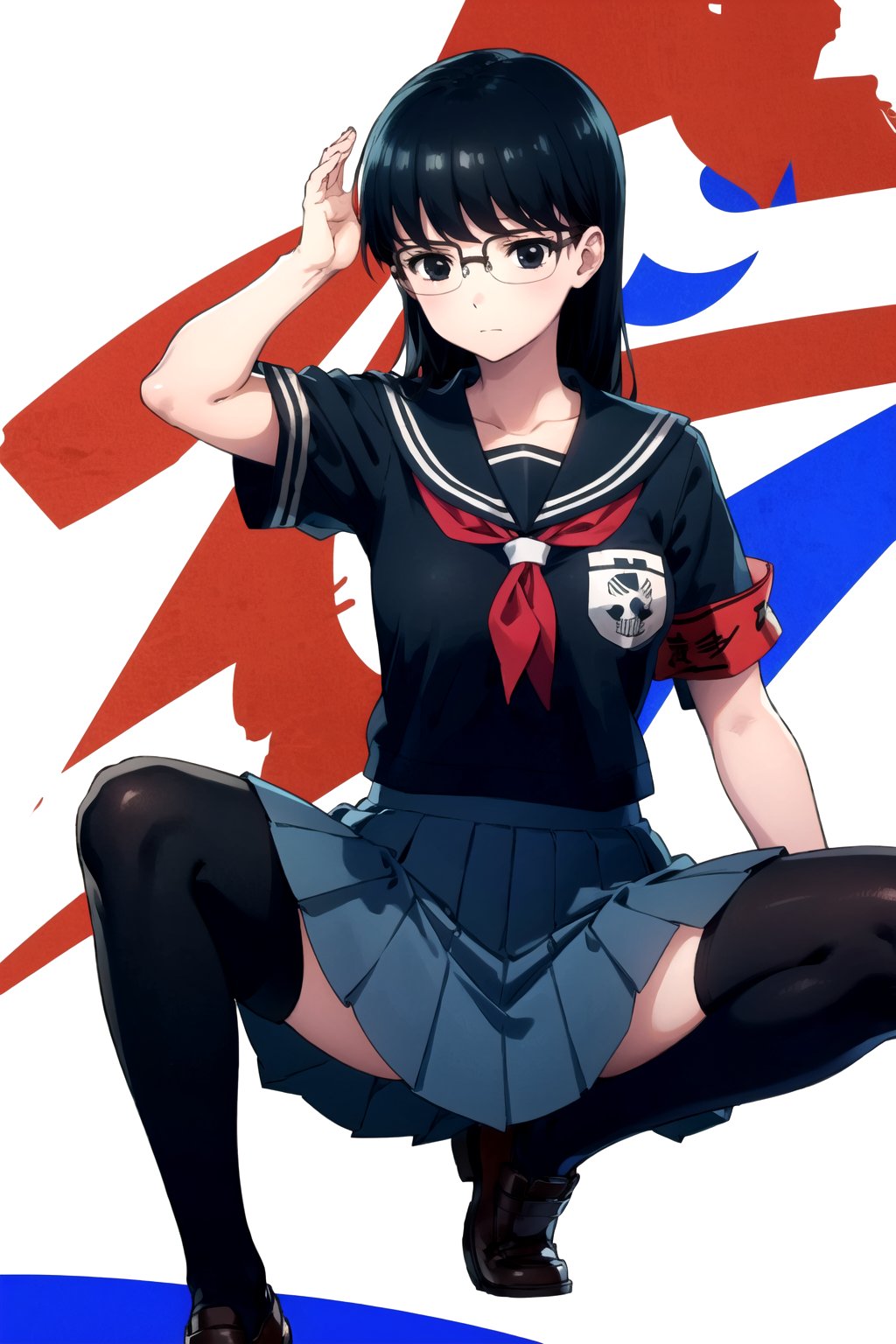 //Quality,
masterpiece, best quality
,//Character,
1girl, solo
,//Fashion, 
,//Background,
white_background
,//Others,
,spread legs, 
,kyouko kuroyuri, long hair, black hair, (black eyes:1.5), glasses, skirt, school uniform, pantyhose, pleated skirt, serafuku, armband, (black shirt:1.2)